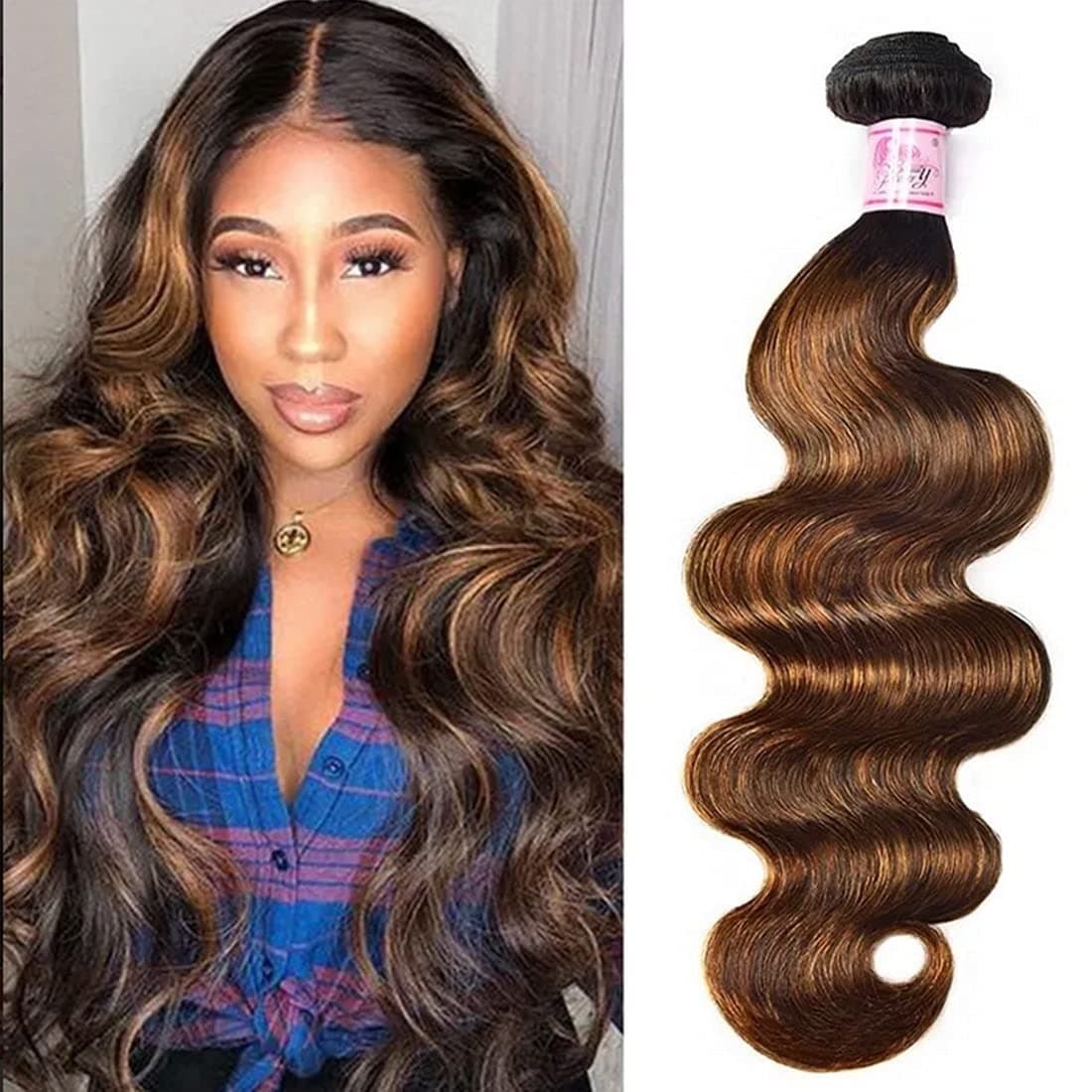 Beauty Forever #FB30 Color Brazilian Body Wave Hair Weave, 24 Inch One Bundle Highlight Ombre Color Unprocessed Virgin Remy Human Hair Extension