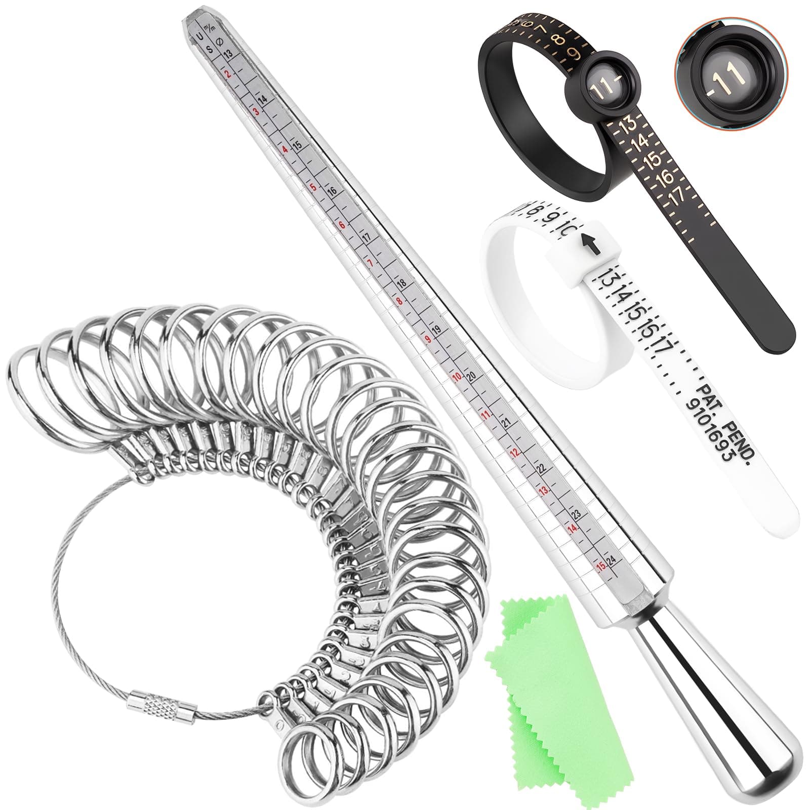 Ring Sizer Measuring Tool Kit, Aluminum Mandrel, 27 Stainless Steel Ring Sizing Gauge Measurer (US Size 0-13), 2 Finger Belts 1-17 (1 with Magnifier), Polishing Cloth, Men Women Wedding Jewelry