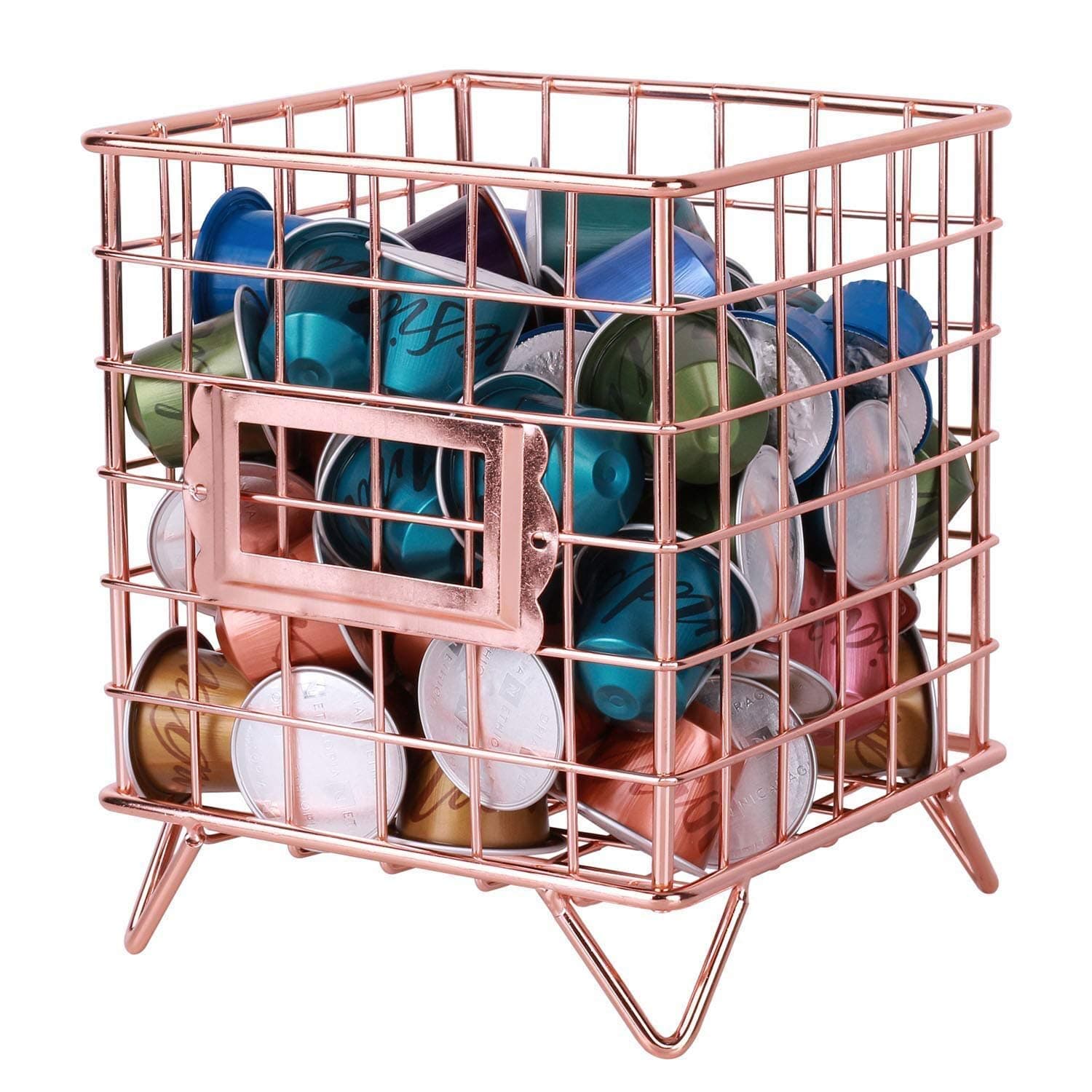 PLINRISE Metal Coffee Pod Holder, Large Coffee Capsule Organizer Holder, Decorative Coffee Pod Storage Basket for Kitchen, Office, Cafe and Pantry, Rose Gold