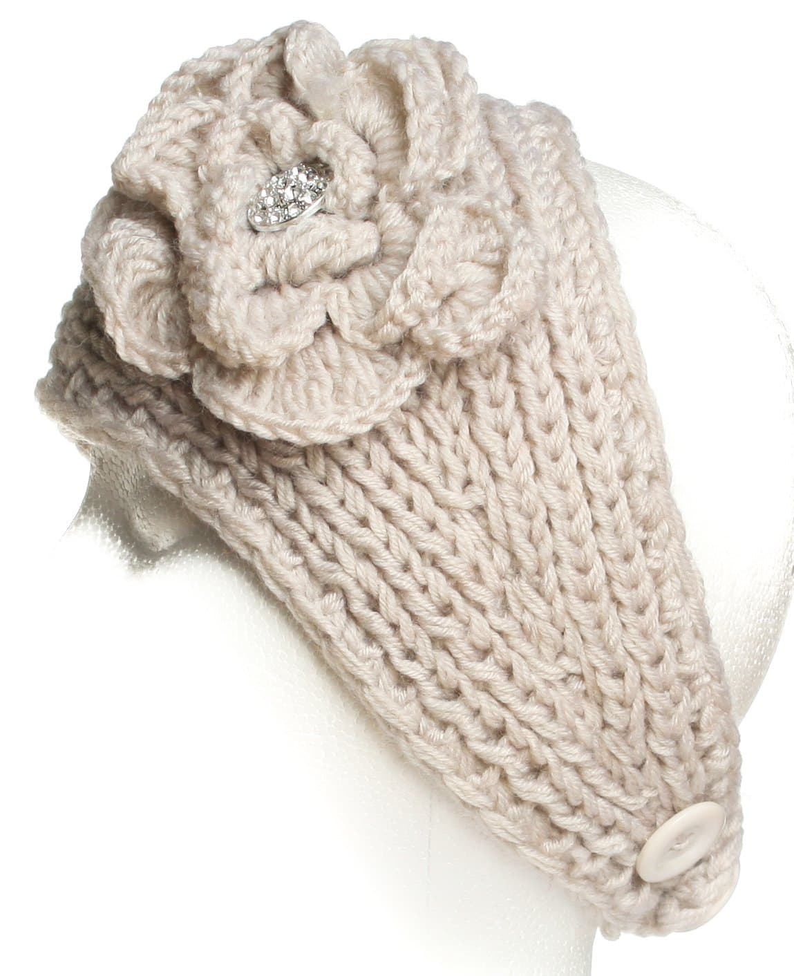 Facnos Knitted Flower with Jewelry Button Headband Hat for Women, Off-White