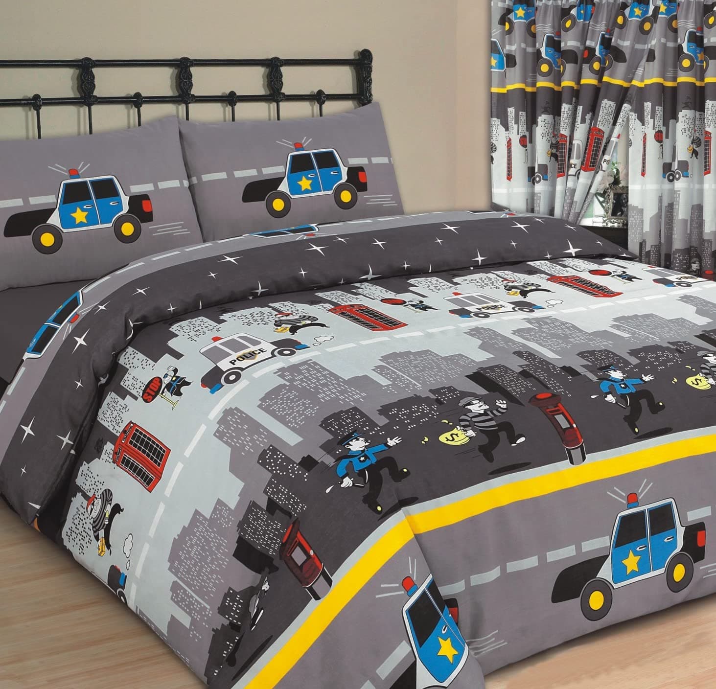 Single Bed Duvet / Quilt Cover Bedding Set, Cops And Robbers, Police Vehicles / Thief / Black / Grey Street City Line View / Stars, With Matching Pillowcase by NovelTex