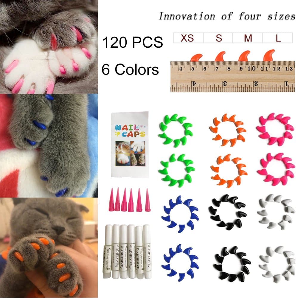 Cat Nail Caps 120PCS Soft Rubber Pet Paws Claws Nail Covers 6 Colors with Glue and Applicators, Options of 4 Size (XS)