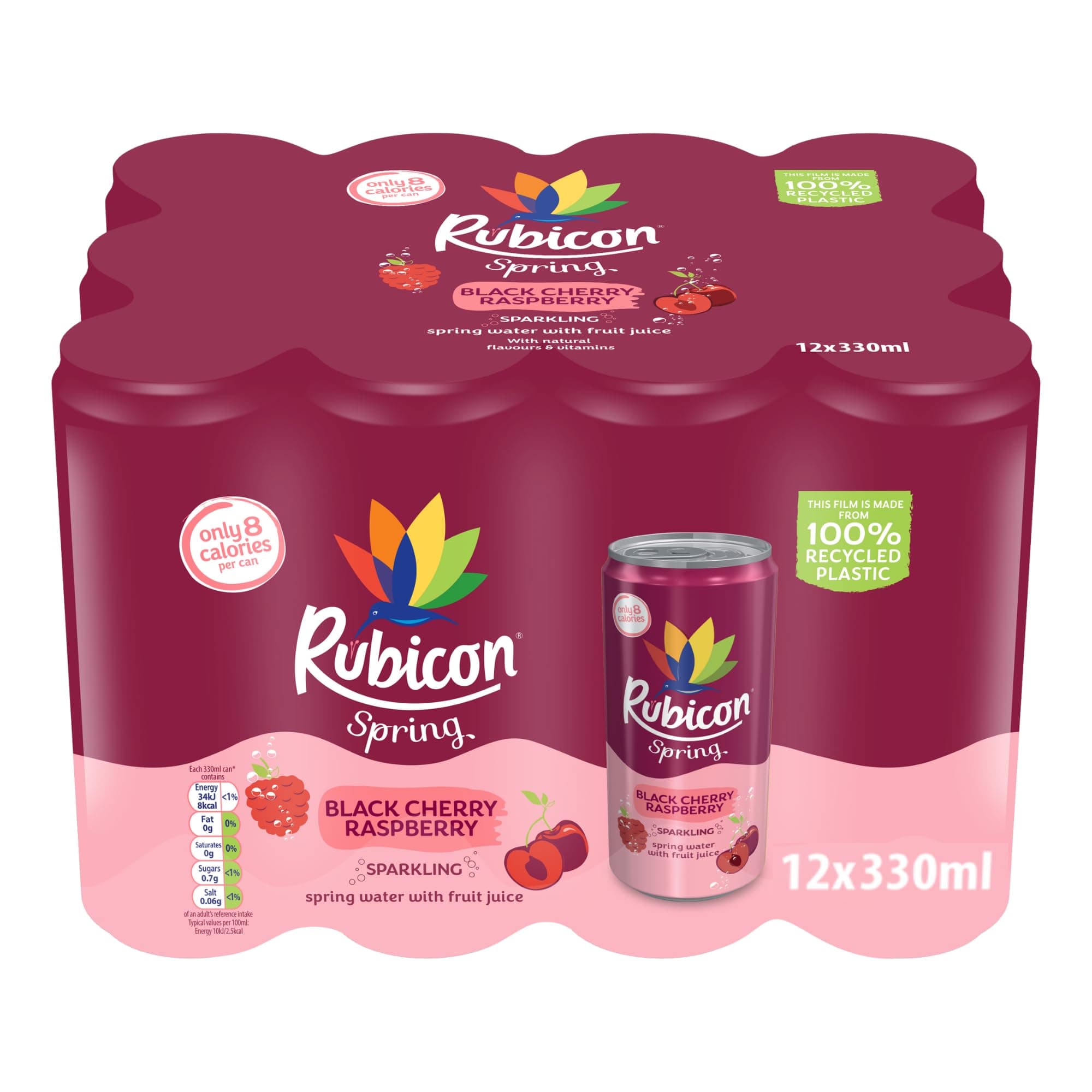 Rubicon Spring 12 Pack Black Cherry Raspberry, Sparkling Spring Water with Real Fruit Juice & Natural Flavours, , Only 9 Calories - 12 x 330ml Multipack Cans