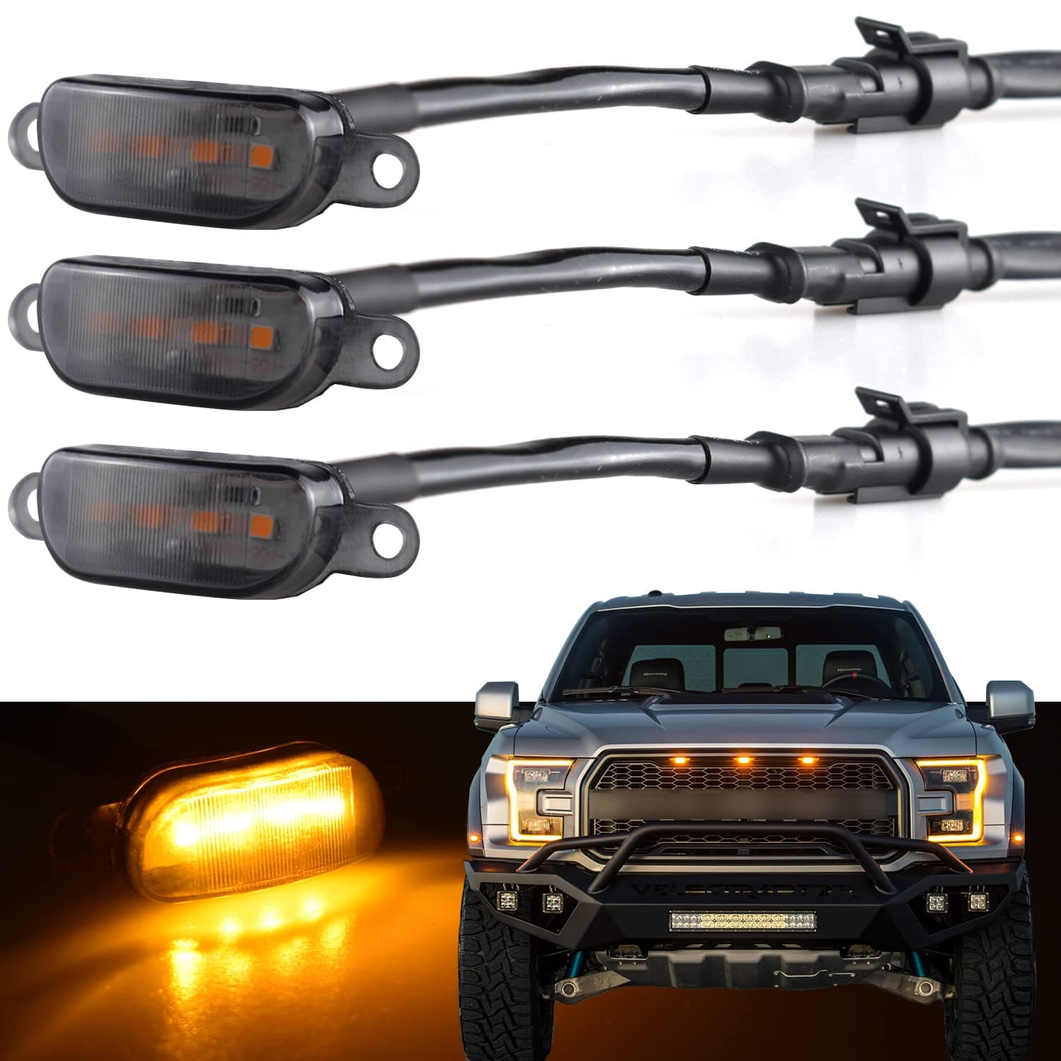 Boigoo Front Grill Lights Compatible with Ford F150 Raptor 2004-2019 & Dodge Ram 1500 2013-2018 Raptor Style Aftermarket Grilles, Cars Grid Decorative Amber LED (Yellow Lights Smoked Lens)