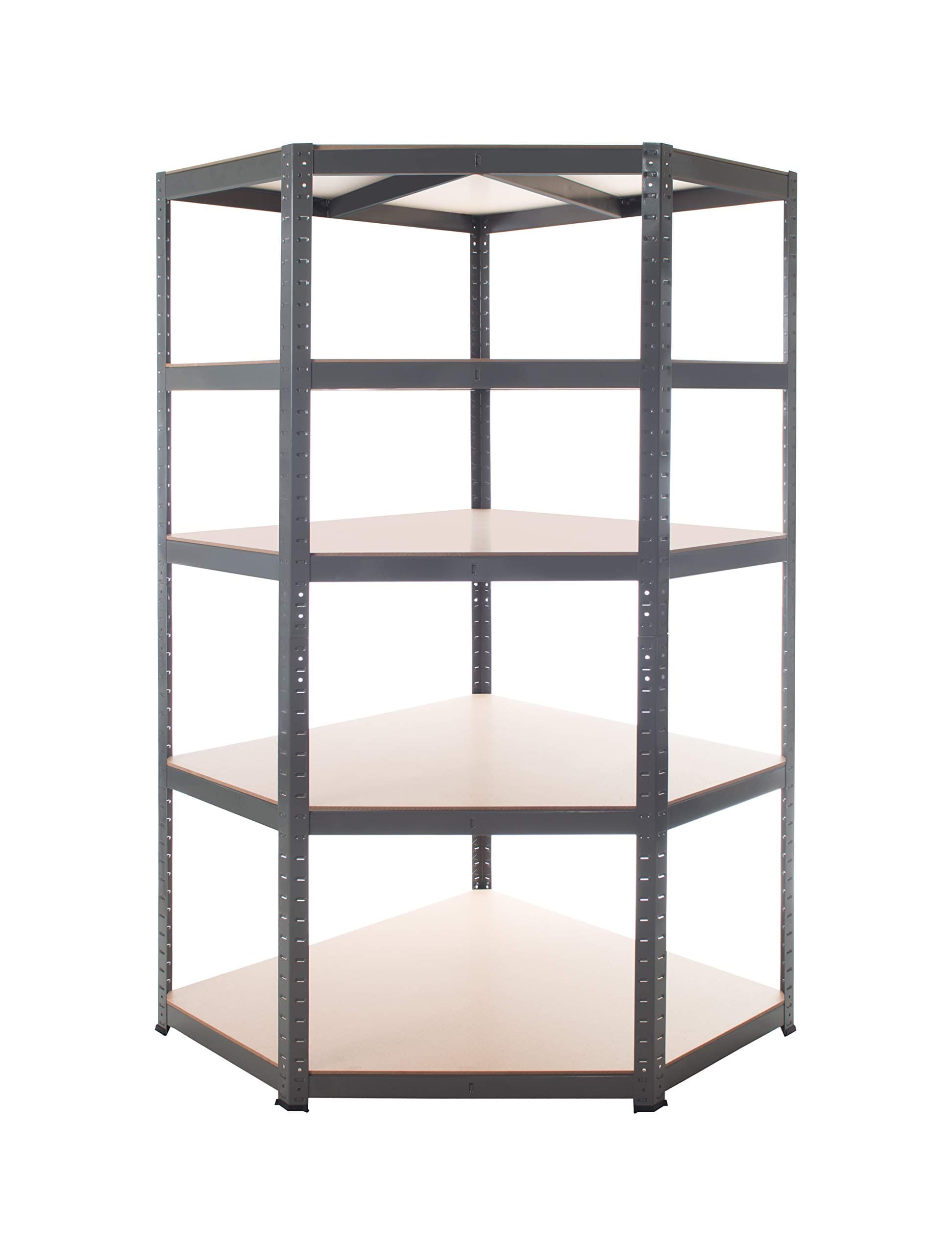 Heavy Duty Corner Garage Shelving Unit: 180 x 90 x 63/40 cm | 175kg Per Tier, Rust Resistant Frame | 5 Adjustable Tiers & Quick Boltless Assembly | Storage Racking For Shed