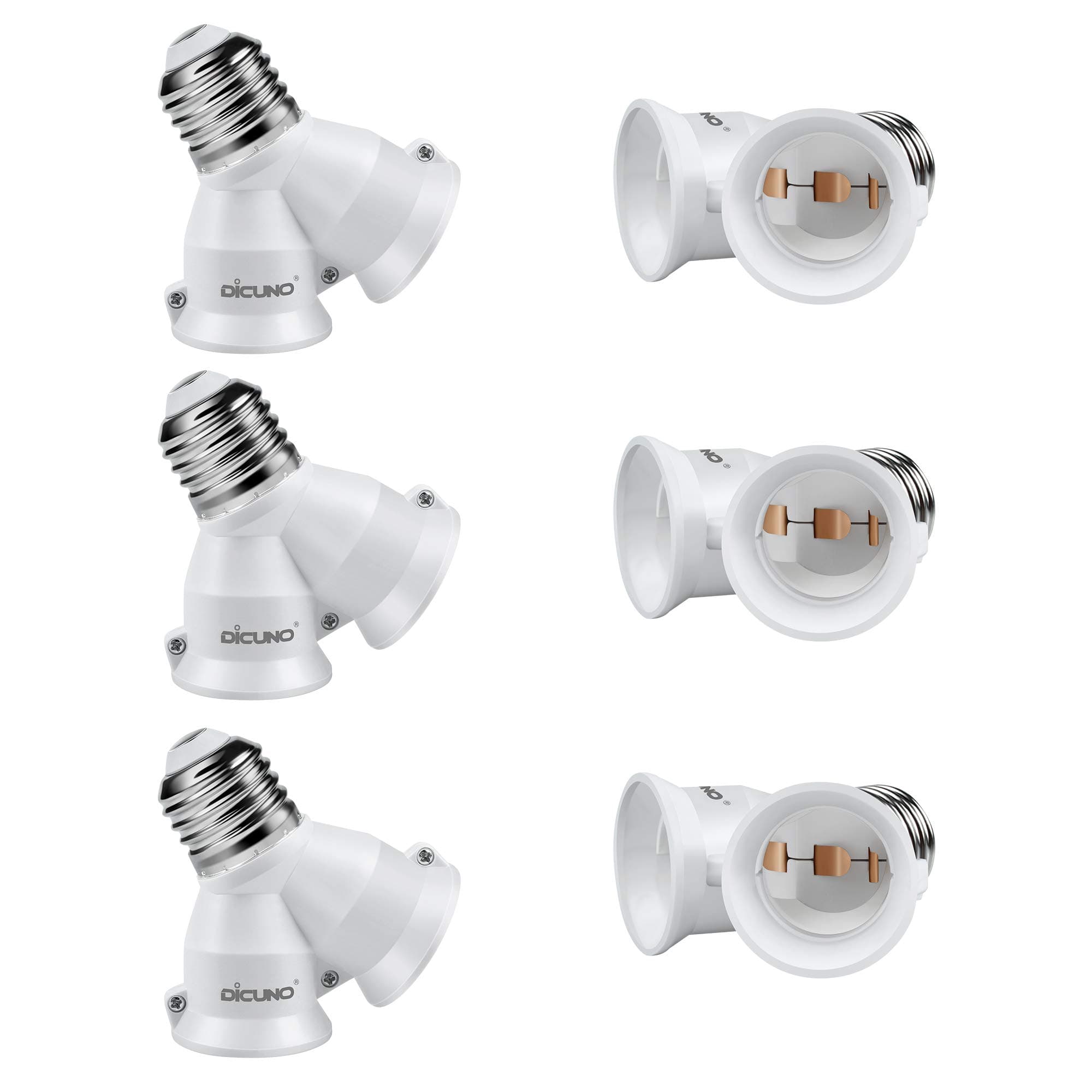 DiCUNO 2 in 1 E26 Socket Splitter Adapter, 2 E26 Standard Medium Base Bulbs in 1 Socket, Y-Shape Lamp Holder Converter, Maximum 200W and 165℃ Heat Resistant Light Bulb Splitter, 6-Pack