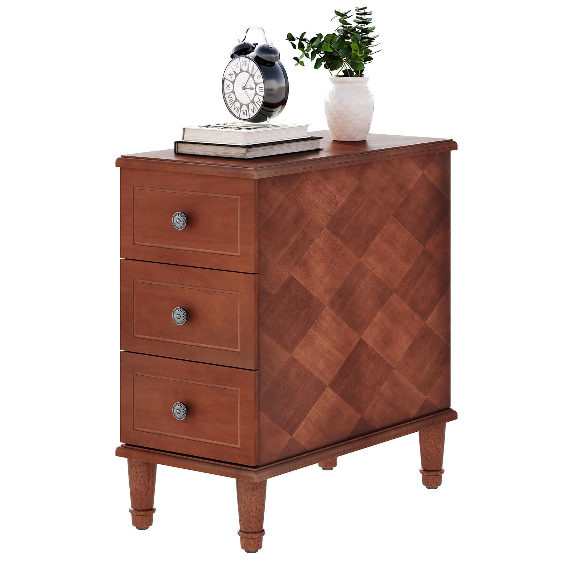 LITTLE TREE Fully Assembled End Table, Narrow Side Table with 3 Drawers, Pre-Assembled Nightstand Slim Bedside Table for Small Spaces, Living Room, Bedroom, Brown