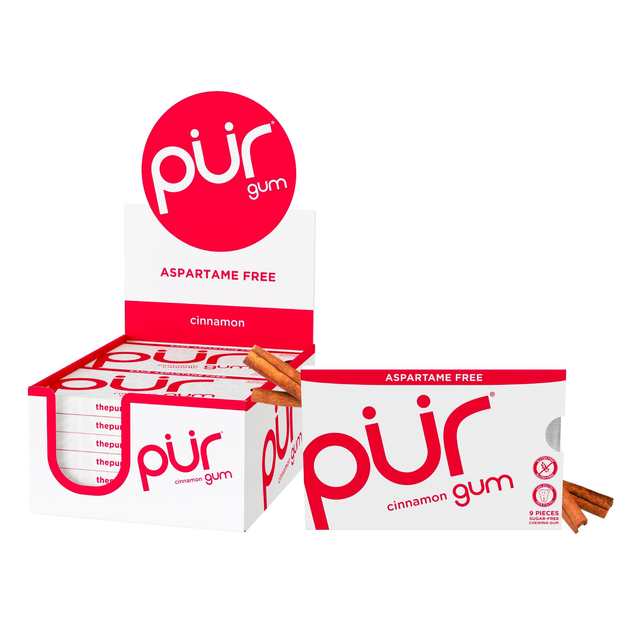 PUR Gum | Aspartame Free Chewing Gum | 100% Xylitol | Natural Cinnamon Flavored Gum, 9 Pieces (Pack of 12)