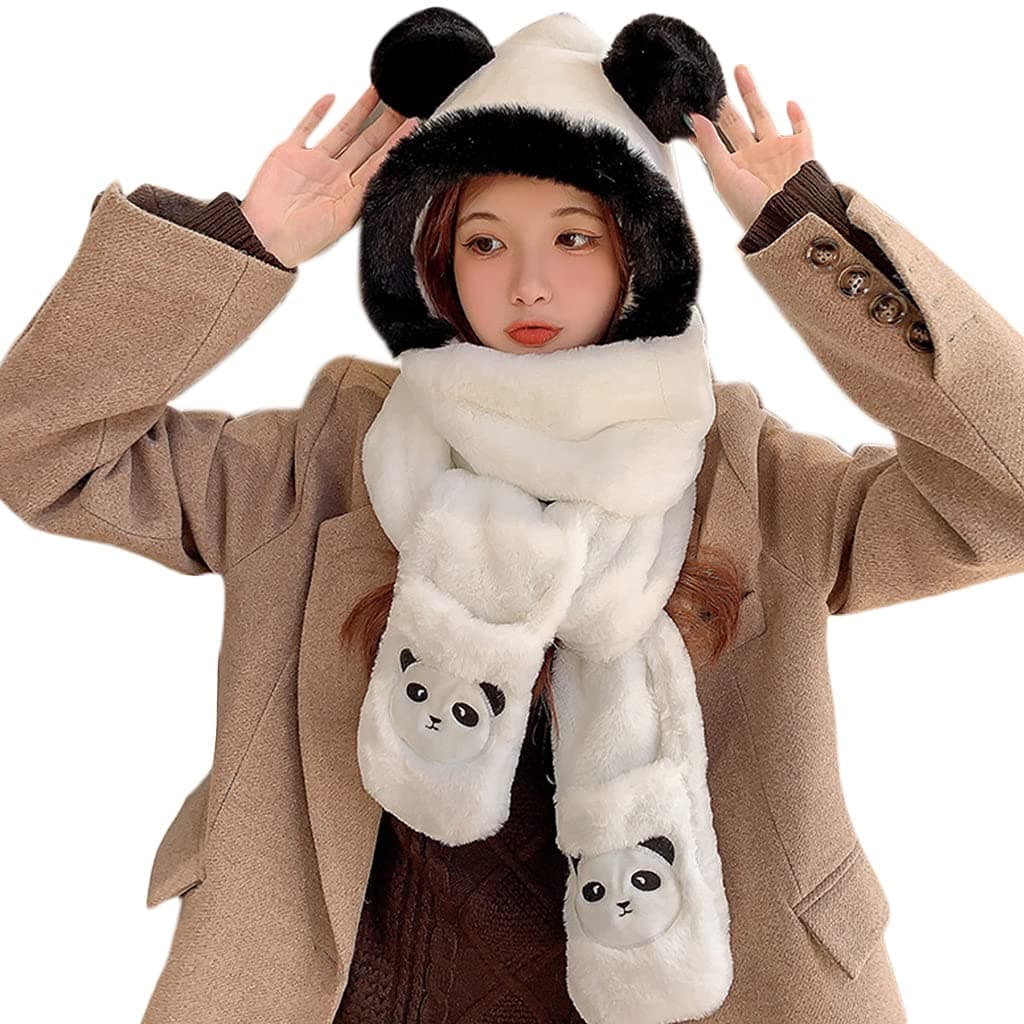 Hooded Scarf Winter Hat Scarf Gloves Set For Women Panda Cute Plush Hat Ladies Autumn Winter Warm Gloves Scarf One-piece - White