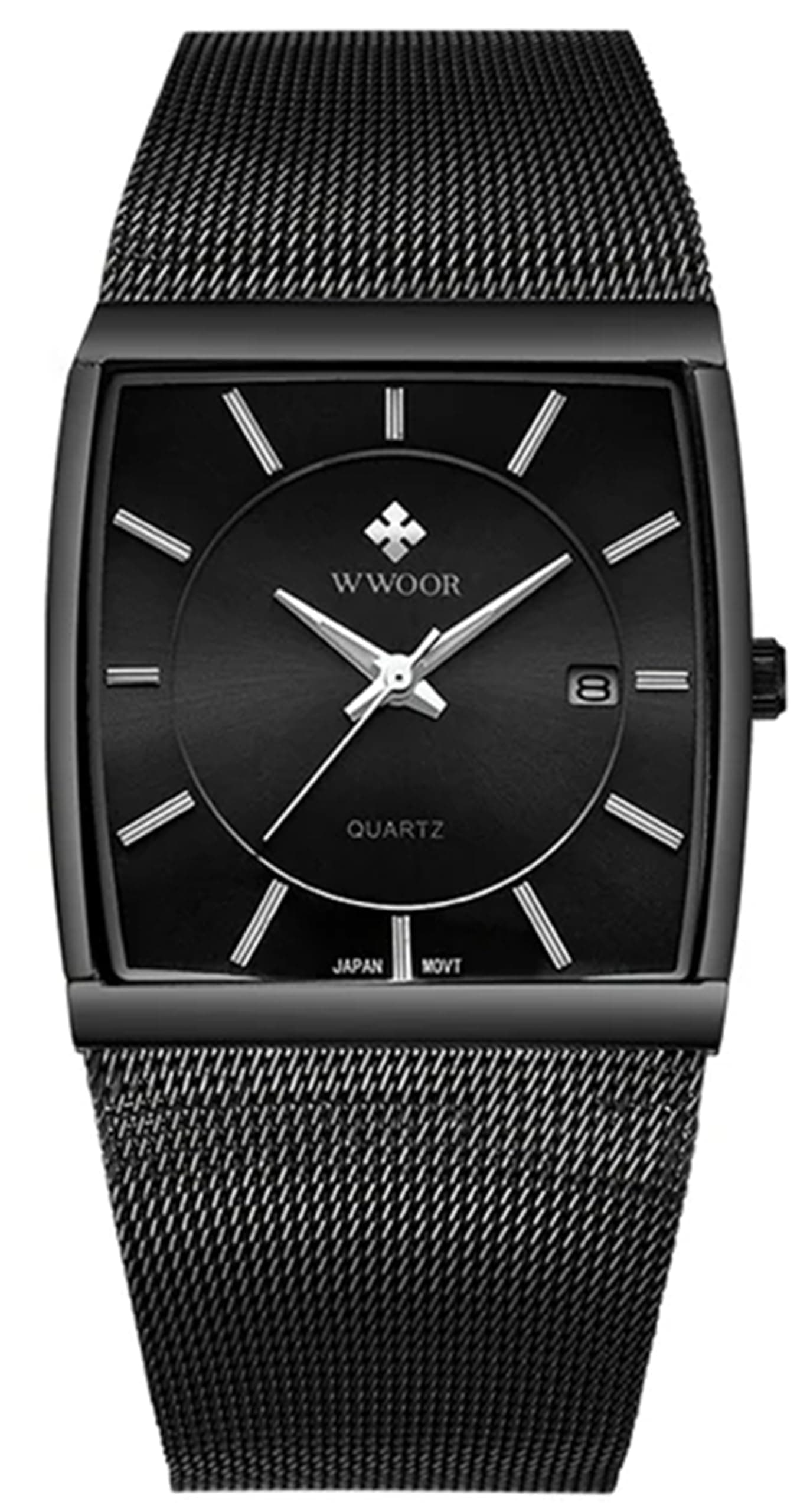 Men Watch Classic Analog Quartz Date Stainless Steel Milanese Mesh Band Ultra-Thin Rectangle Dial Luminous