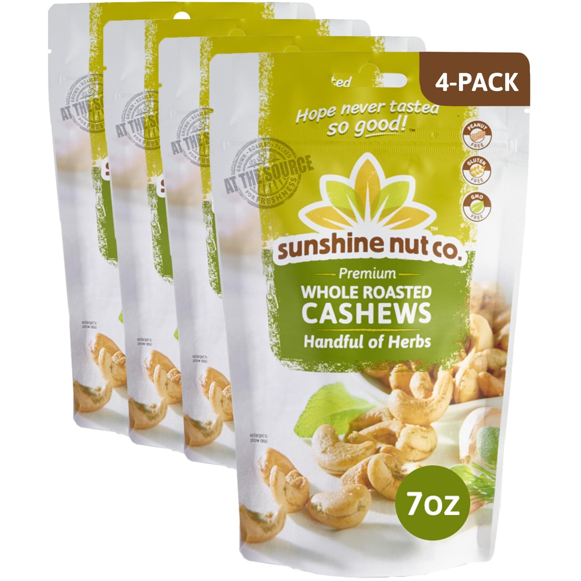 - Sunshine Nut Company Whole Roasted Lightly Salted Cashews, Handful of Herbs Flavor, 4 Pack, 7 oz. Each, Gluten Free, Peanut Free and Vegan Individual Snack Packs for Kids and Adults, GMO Free
