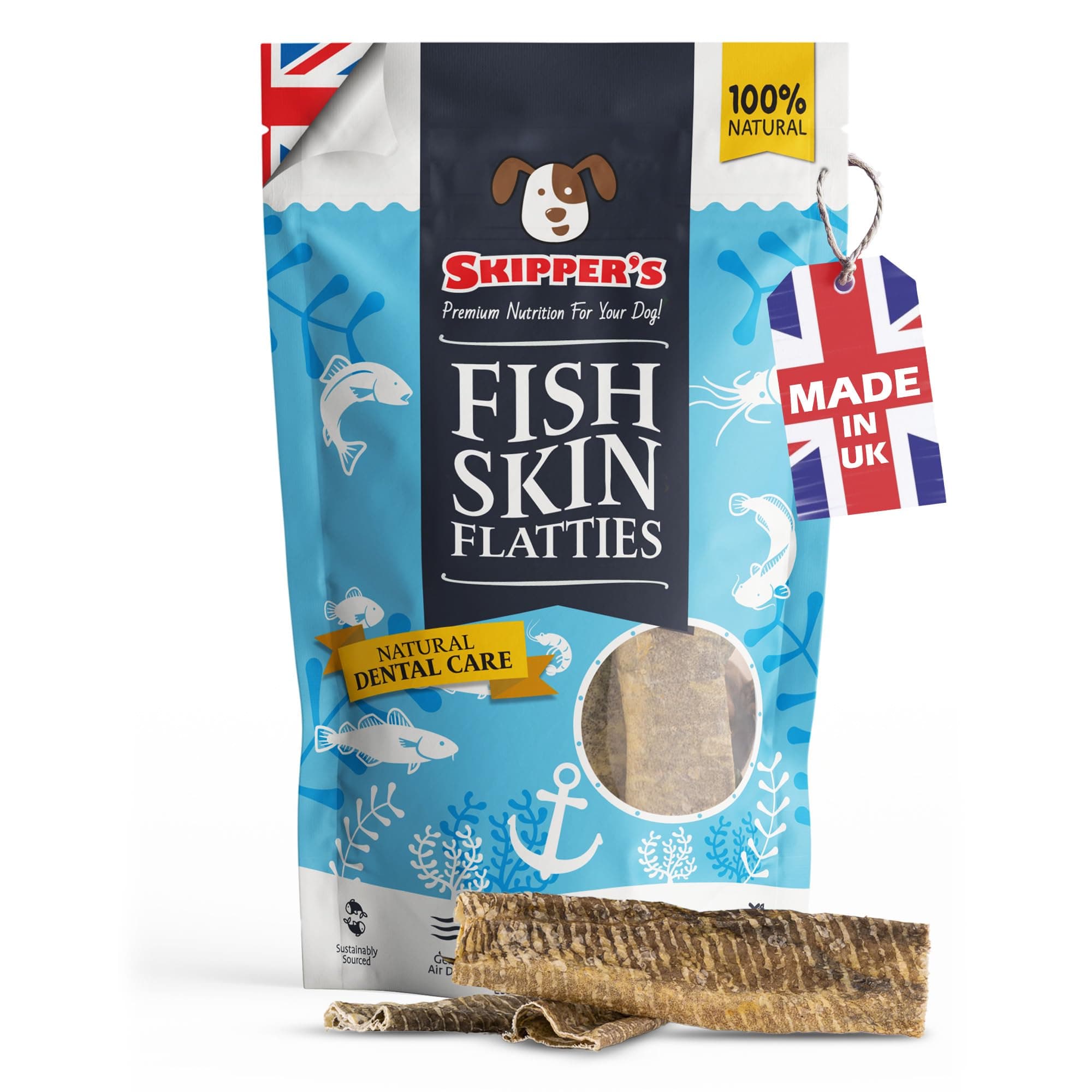 SKIPPER'S Fish Skin Flatties Sticks - Handmade and Air-Dried - 100% Dog Chews Long Lasting Natural Dog Treats - Skin Care - High Protein Low Fat Dog treats