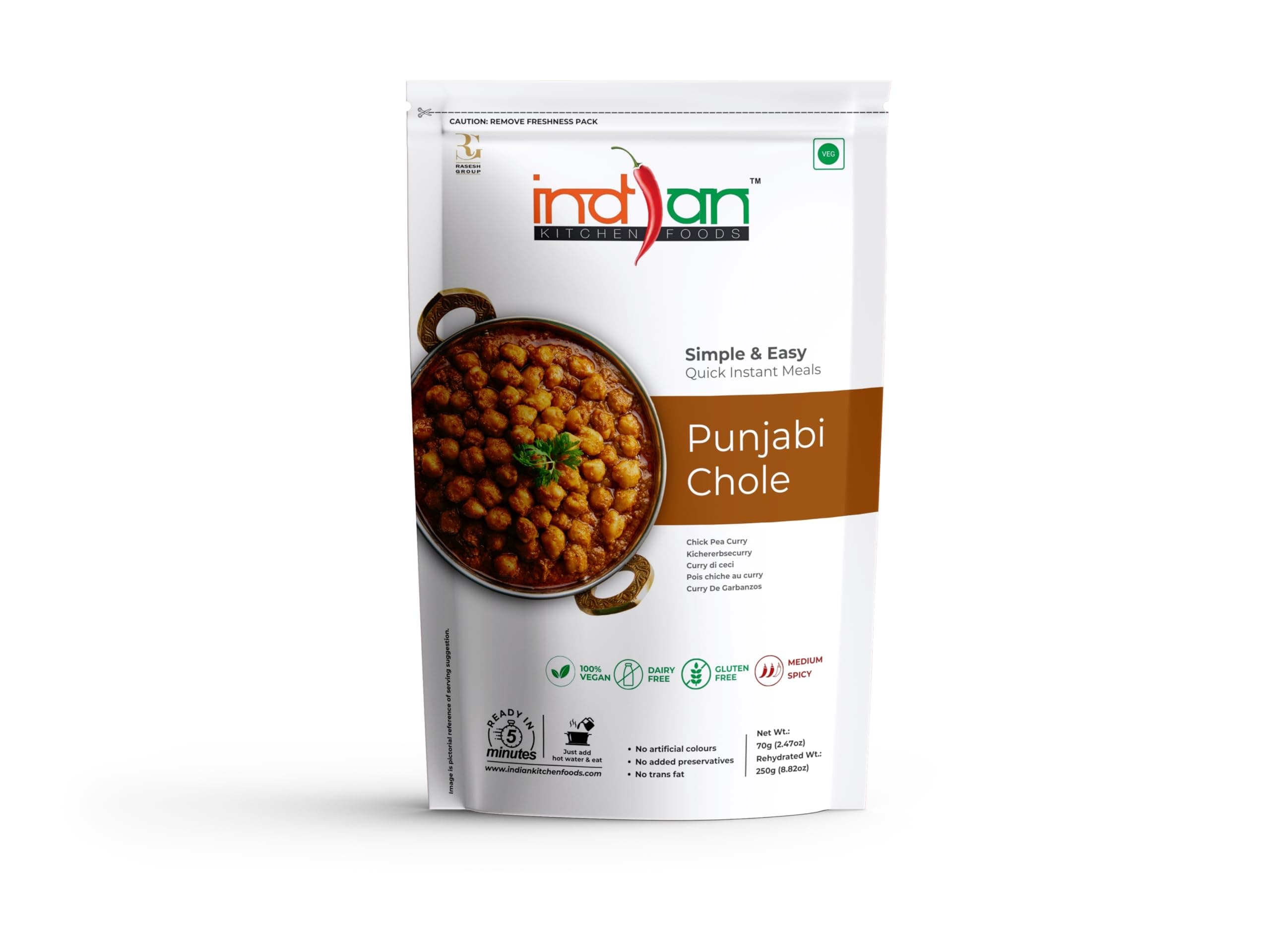 Indian Kitchen Foods Jain Punjabi Chole |Freeze Dried Gluten-Free Ready to Eat Instant Vegetarian/Vegan Meal - Rehydrated Wt. 260 gm
