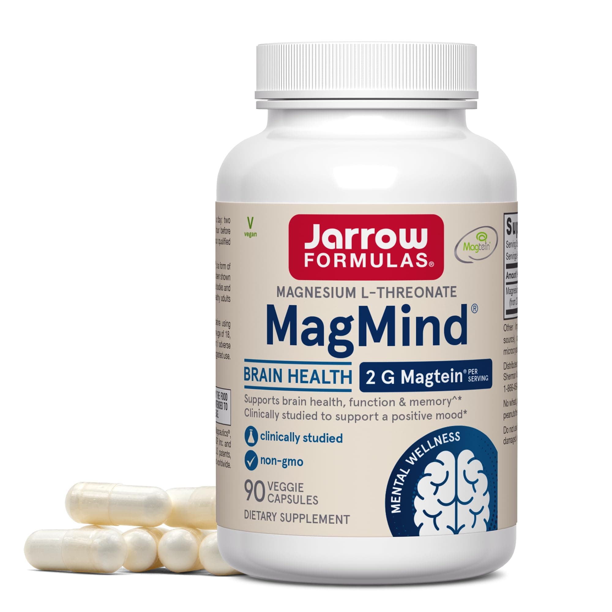 Jarrow Formulas Magnesium L-Threonate, MagMind Magtein Magnesium Supplement, Brain Supplements for Memory Support, 90 Veggie Capsules, Up to a 30 Day Supply