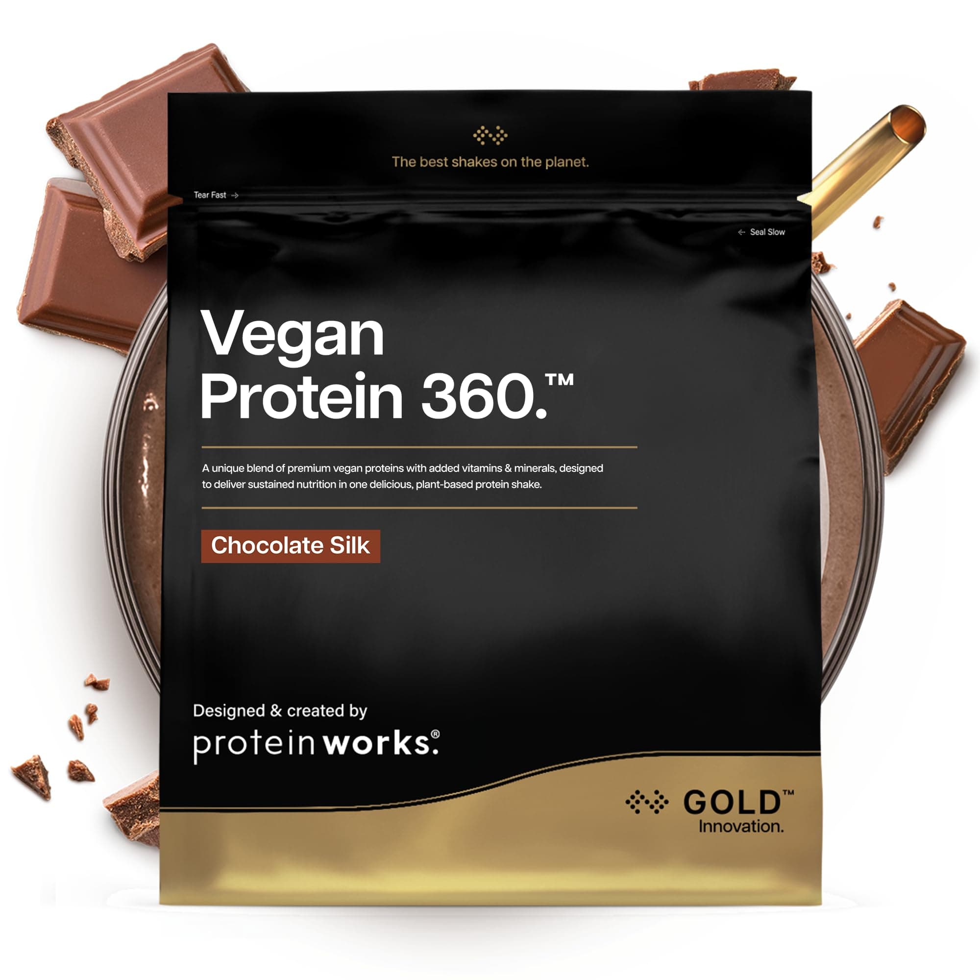 Protein Works | Vegan Protein 360 - Gold Innovation, Chocolate Silk, 16 Servings, 100% Plant Based & Natural, Premium Multi-Protein Blend, Low Fat Shake, Low Calorie Shake, 500g