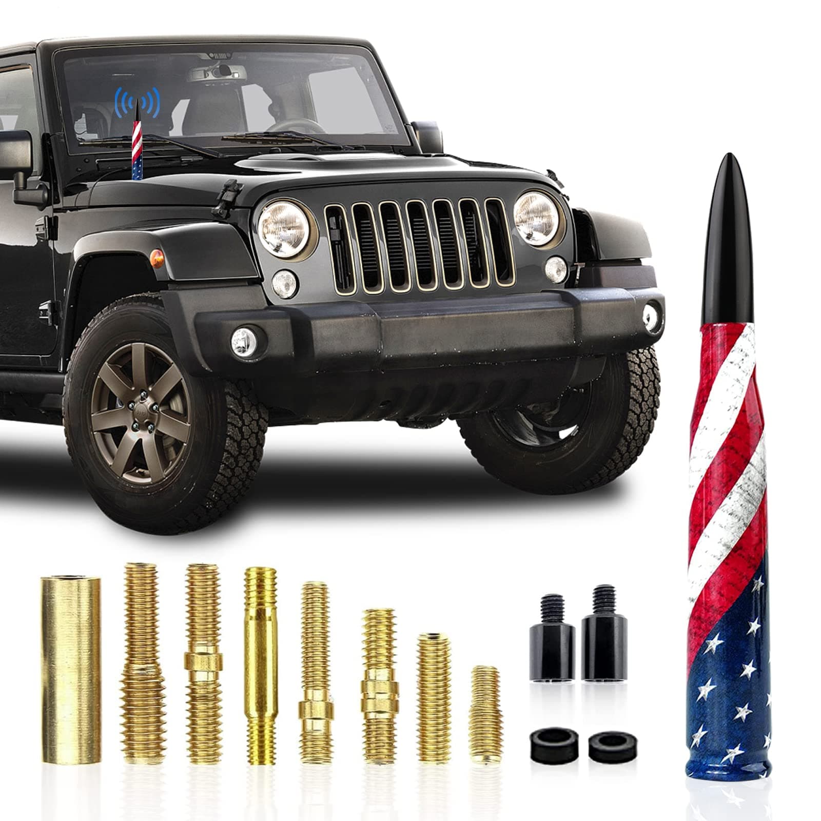 Pack-1 Car Truck Bullet Antenna, American Flag Print Universal Vehicle Short Antenna, 5.5" x 0.7" Antenna Replacement, Compatible with Ford, Dodge, Chevrolet, GMC, Jeep, Toyota (Black)