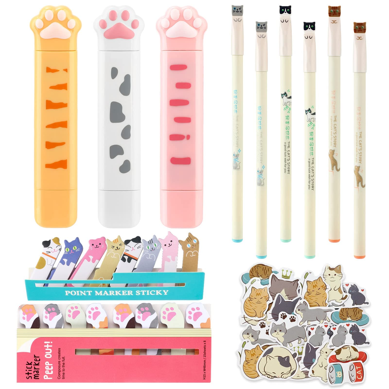 414 Pieces Cute Cat Gel Pens Japanese Cats Design Cat Sticky Flags Tab Cat Stationery Set Cartoon Correction Tapes for Christmas Cat Lovers Kids Girl Stationery School Office Supplies (Cute Style)