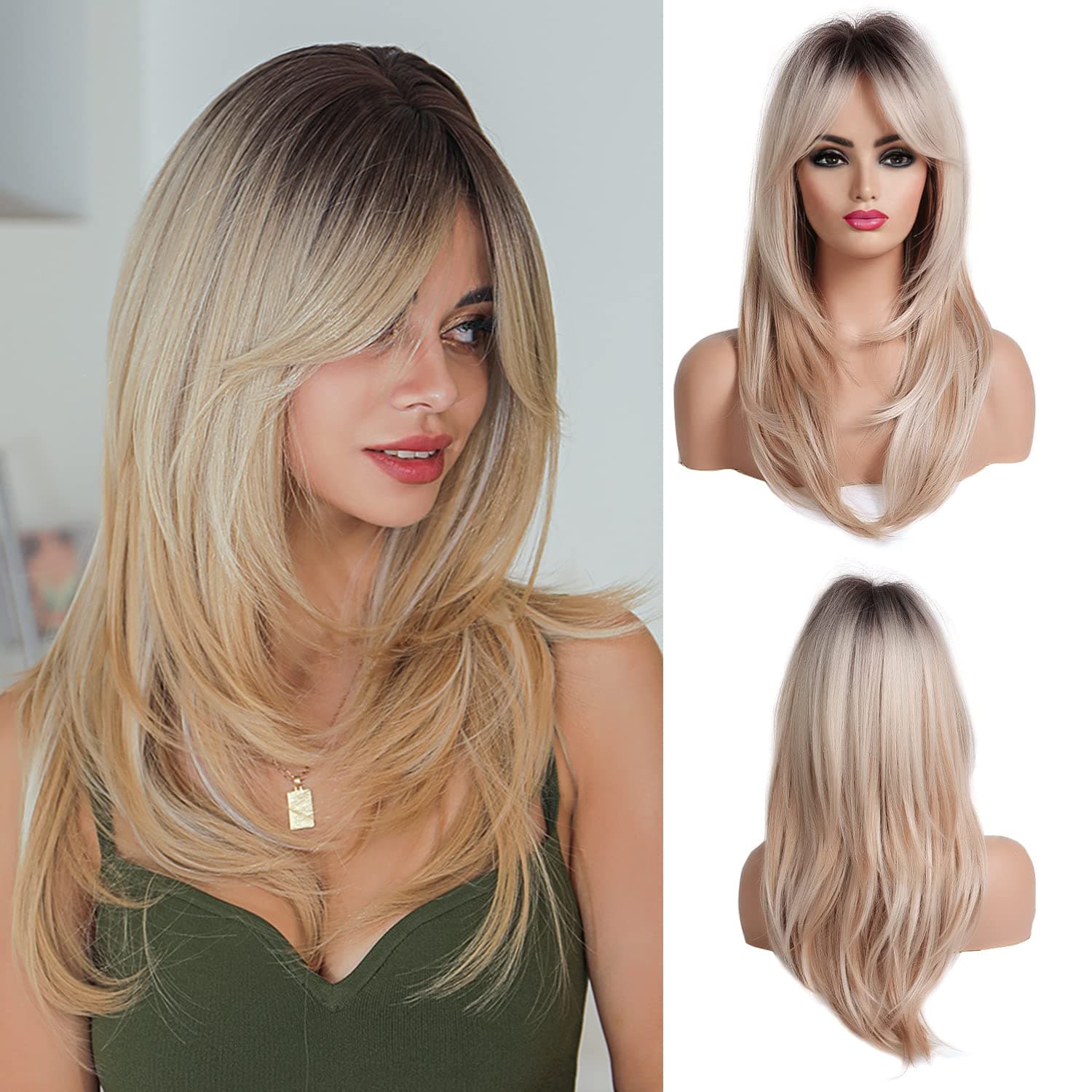 FUHSI Long Blonde Wigs for Women Black Ombre Light Blonde Wig with Bangs Layered Synthetic Hair Wig with Dark Roots for Daily Party