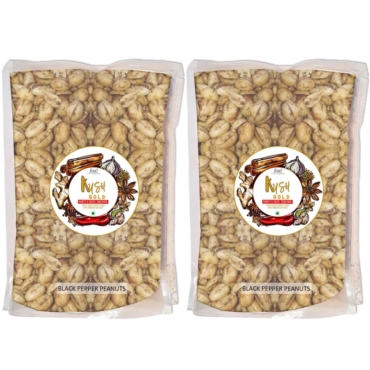 Kush Gold Black Pepper Flavoured Roasted Peanuts (Husk Free) / Fariyali Kali Mirch Dana / Chakhna / Singdana / Mungfali Namkeen Dana 1Kg (2 Packs of 500gm)