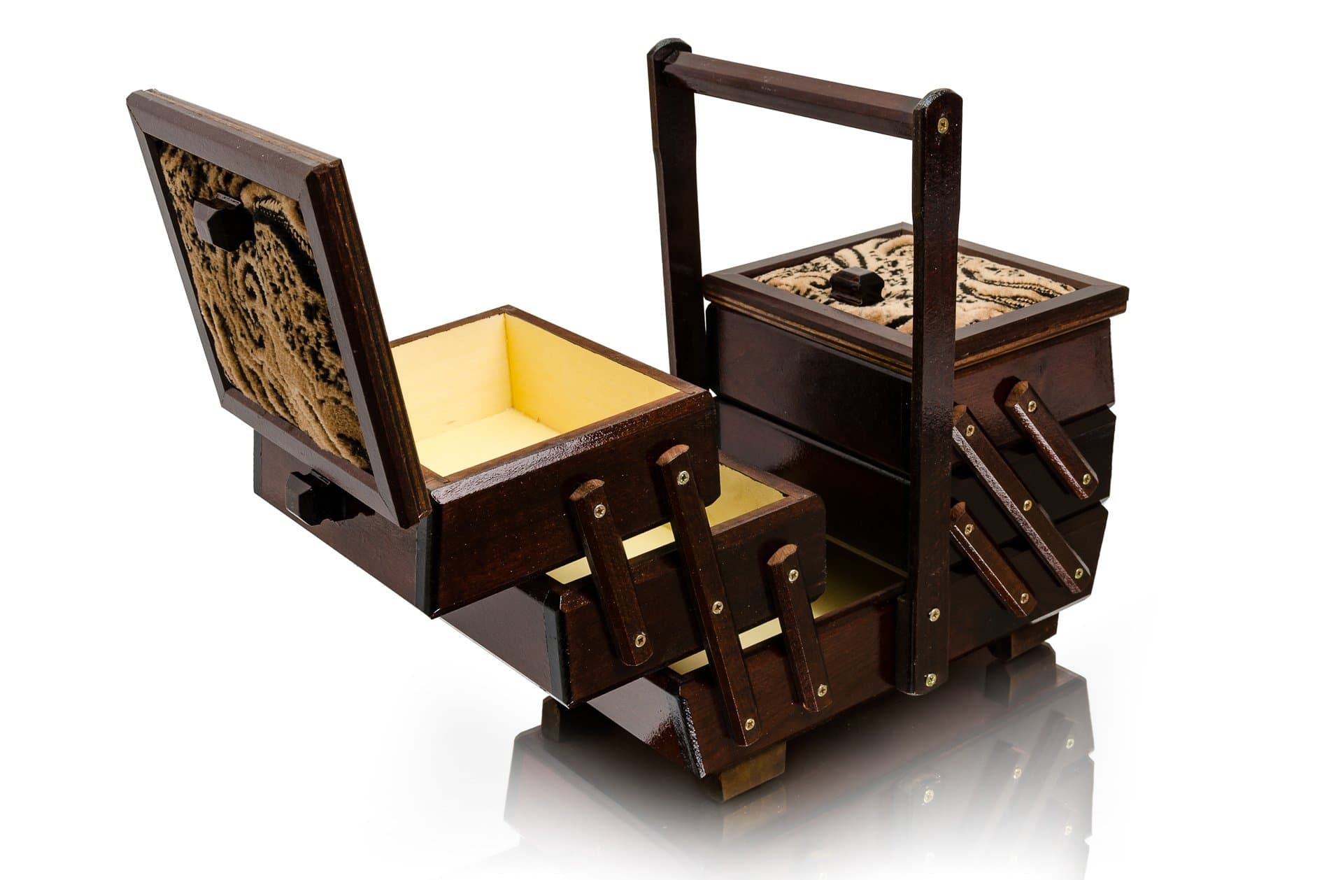 Beautiful 30 cm Dark Sewing Box with Pin Cushion, Wooden Jewellery Box