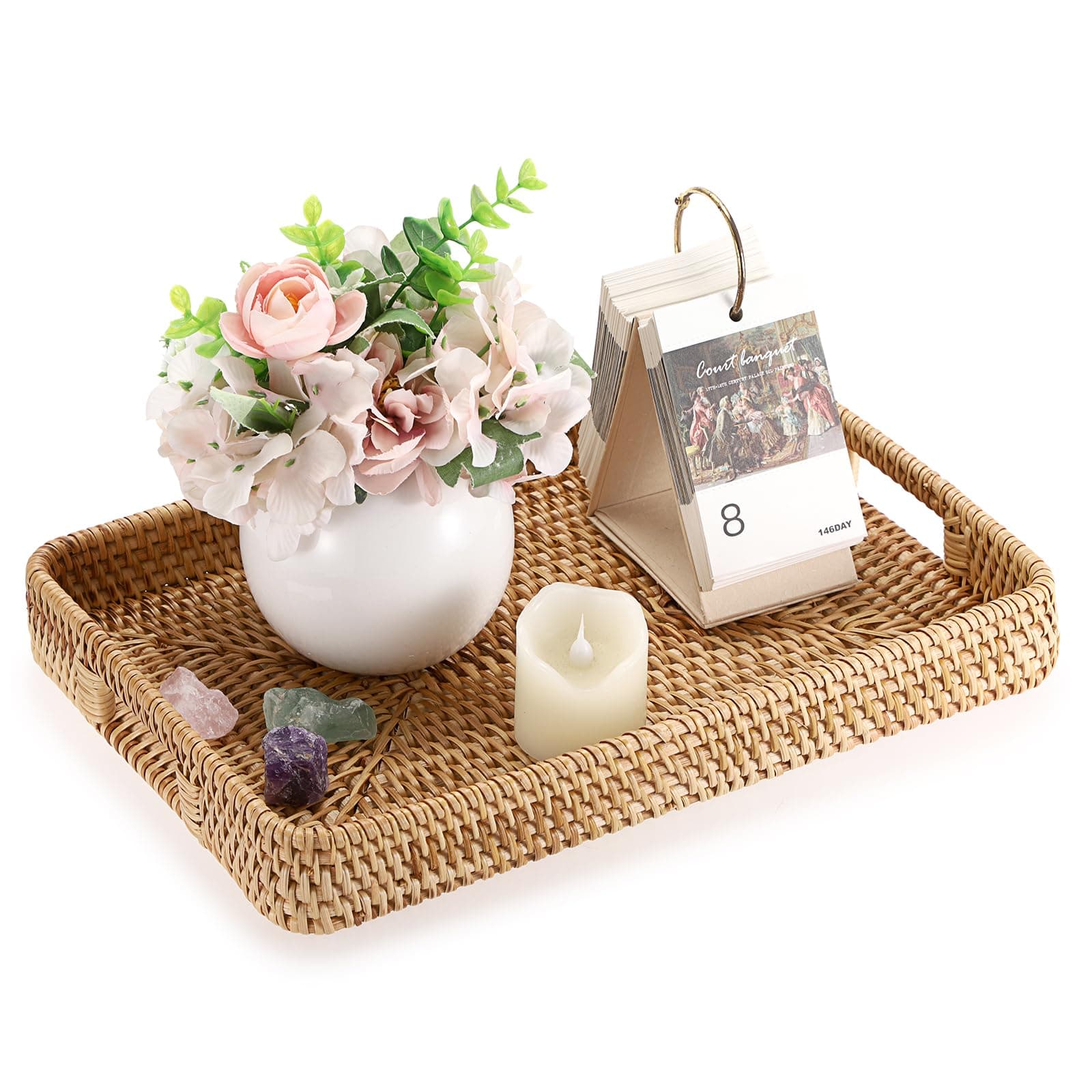 Handwoven Rattan Serving Tray Rectangular Wicker Tray with Handles Natural Decorative Trays for Storage Breakfast, Dessert, Fruit for Coffee Table, 13.4" L x 9.5" W