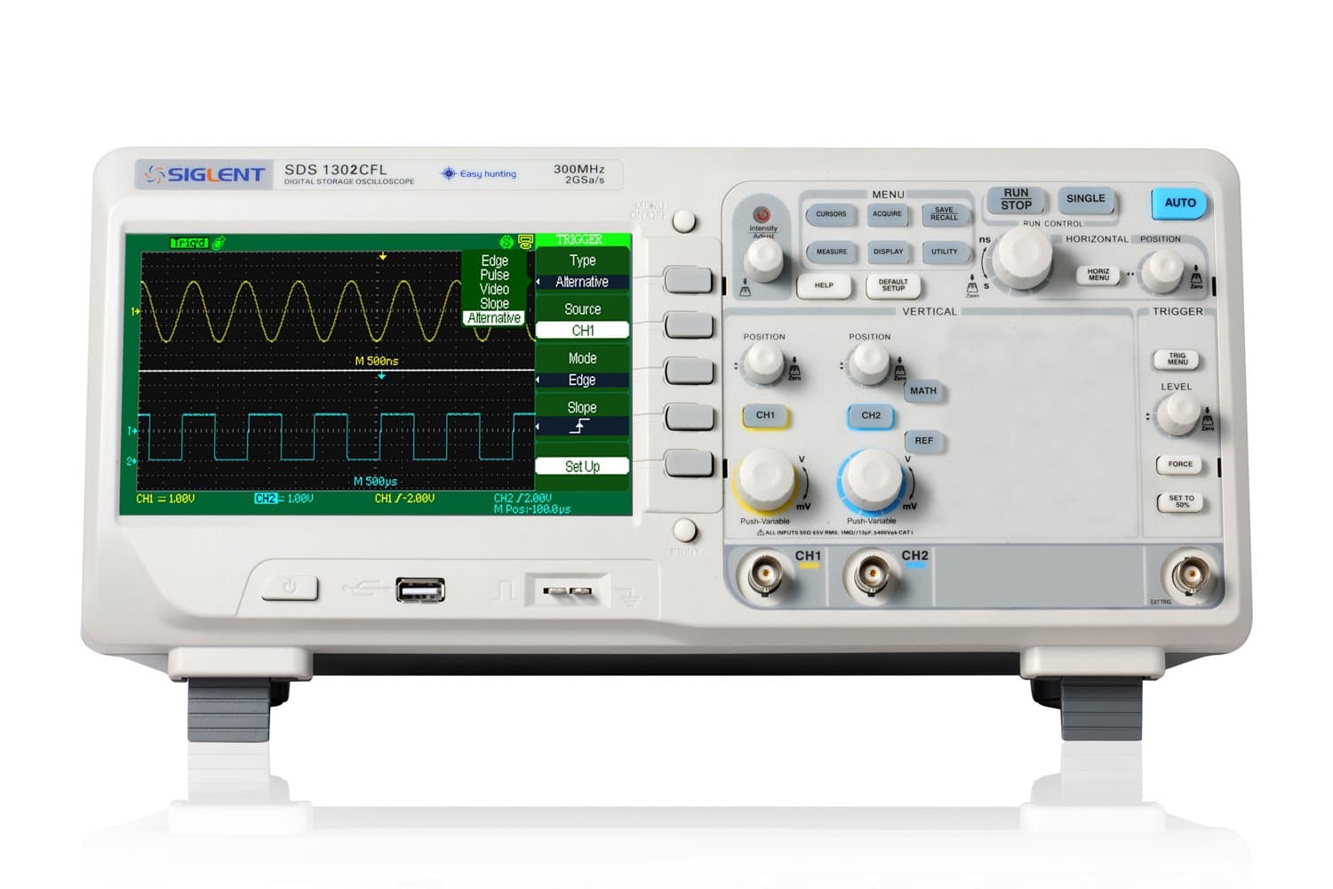 Siglent SDS1302CFL 300MHz 7" Display Digital Storage Oscilloscope 2CH+1EXT 2GSa/s Real Time Sample Rate AC 100-240V, 45Hz-440Hz