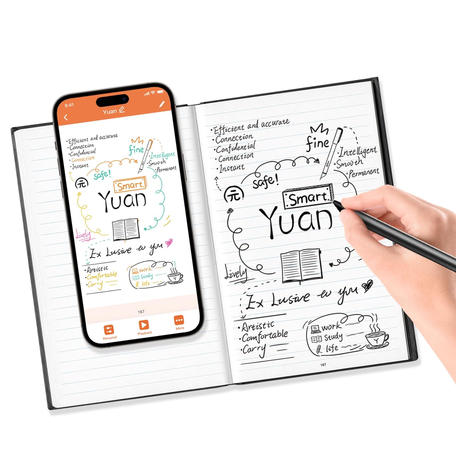 Yuan Digital Sync Pen with Notebook, Smart Writing Set Real time Sync Digitizing for Paper Notes Convert to Text, Smart Pen and Notebook for Note Taking Sync Notes to Phone/Tablet Instantly