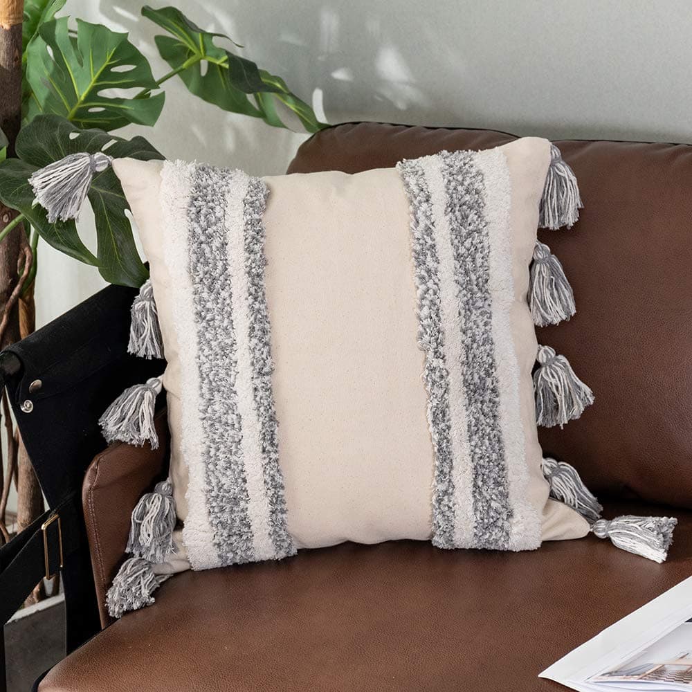 Sungea Decorative Linen Throw Pillow Cover, 18 x 18 Farmhouse Rustic Pillowcase Grey White Striped Tufted with Tassels Square Cushion Cover Boho Neutral Pillow Sham for Sofa Couch Bedroom Living Room