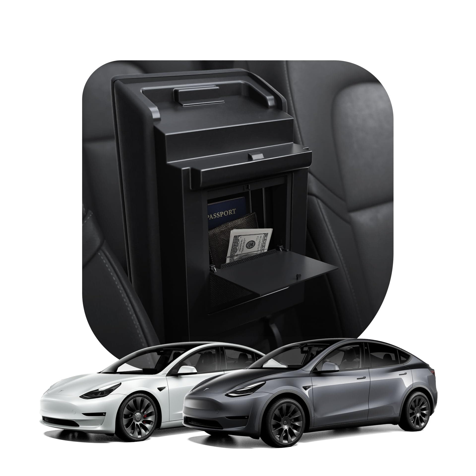 One-Touch Hidden Storage Box Centre Console Organiser Armrest Designed for Tesla Model 3 2021-2023 and Model Y (~2024) Accessories - Carbon Edition