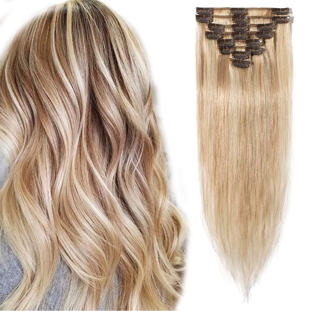 Elailite Clip in Hair Extensions Real Human Hair - 8 Pieces Thin Weft Full Head Remy Hair Straight - #18/613 Ash Blonde Mix Bleach Blonde - 12 Inch (55 g)