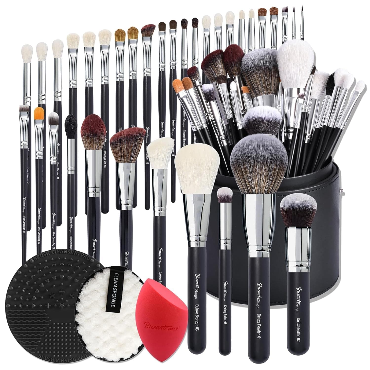 Pro makeup Artist 34Pcs Deluxe Real Goat Hair Horse hair Makeup Brushes Set with extra Large Holder High End Professional labeled makeup brush set with natural Pony Hair