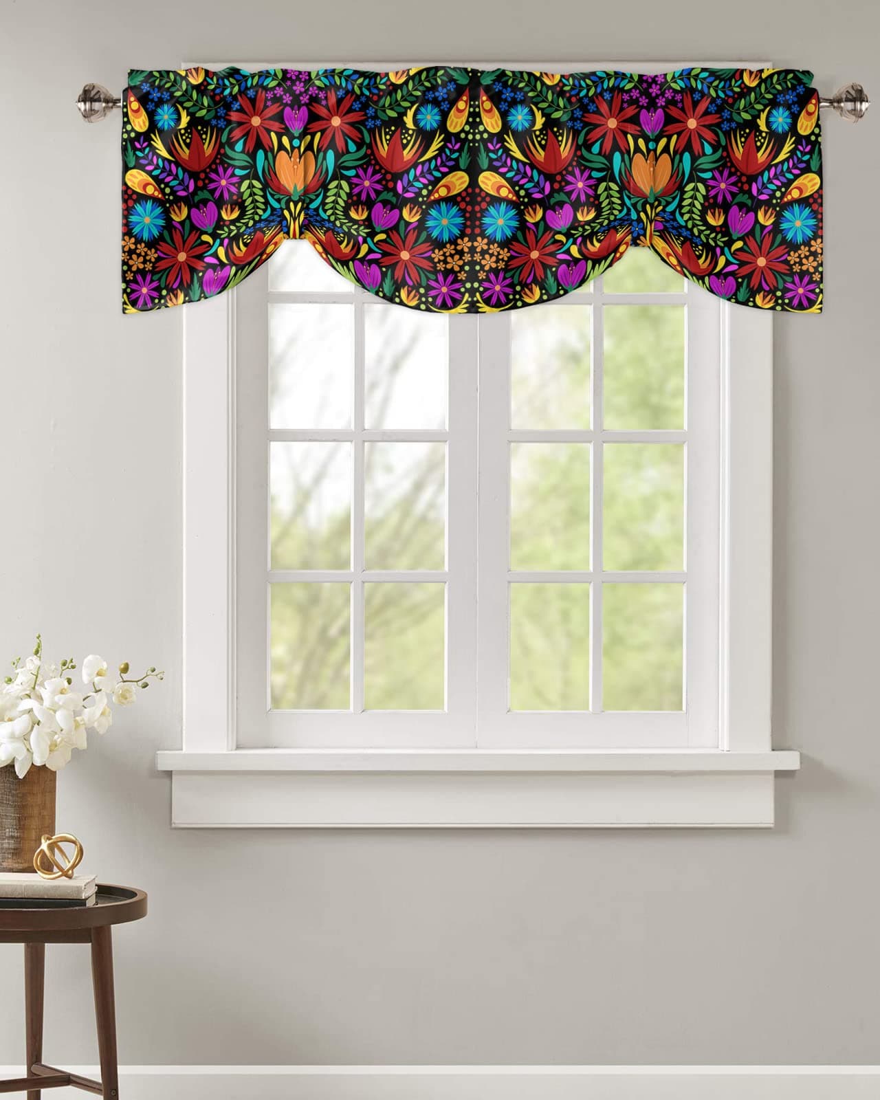 Abstract Flower Tie Up Valance Curtain for Kitchen Windows, Art Colorful Plant Folral Mexican Style Window Curtain Valance with Adjustable Strap Window Treatment for Cafe Bathroom, 42"x18", 1 Pane