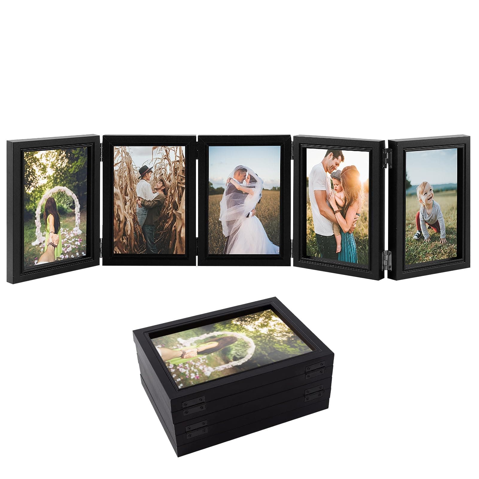 Biggun 4x6in 5 Folding Accordion Picture Frame - Foldable Hinged Collage Photo Frames for Tabletop Display Multiple Family Pictures Birthday Father's Day Gifts (Black)