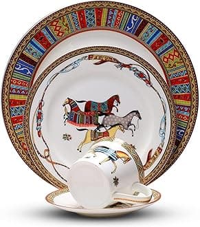 24-piece bone china dinnerware set for 6, red horse pattern round dinner plates, fine dish set for 6 with coffee cup for dinning, suitable for microwave,oven,dishwasher (dinnerware set for 6 people)