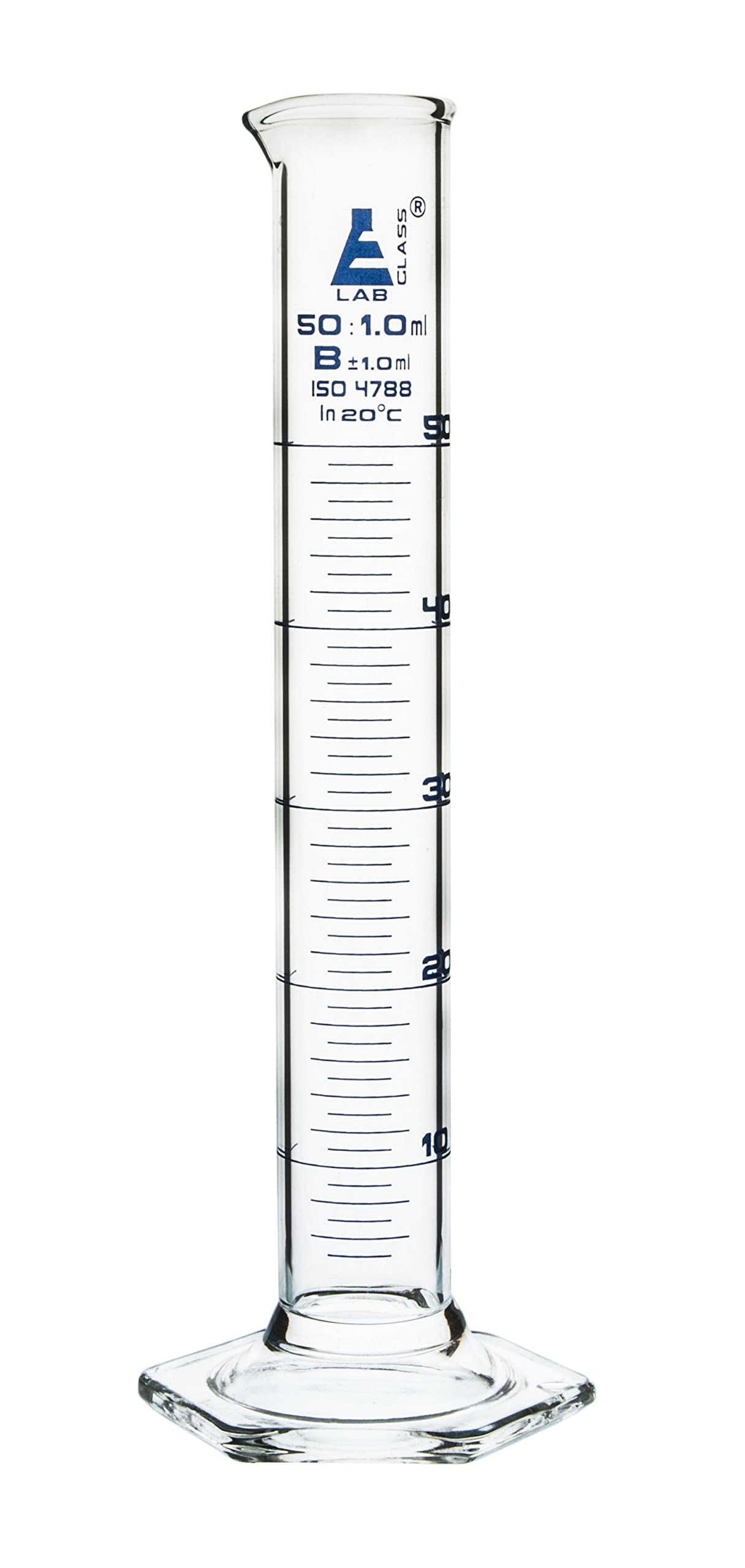 EISCO - Measuring Cylinder, 50 ml, Graduated, Class-B, Hexagonal Base with Spout, Borosilicate Glass 3.3, with Graduations, Pack of 2