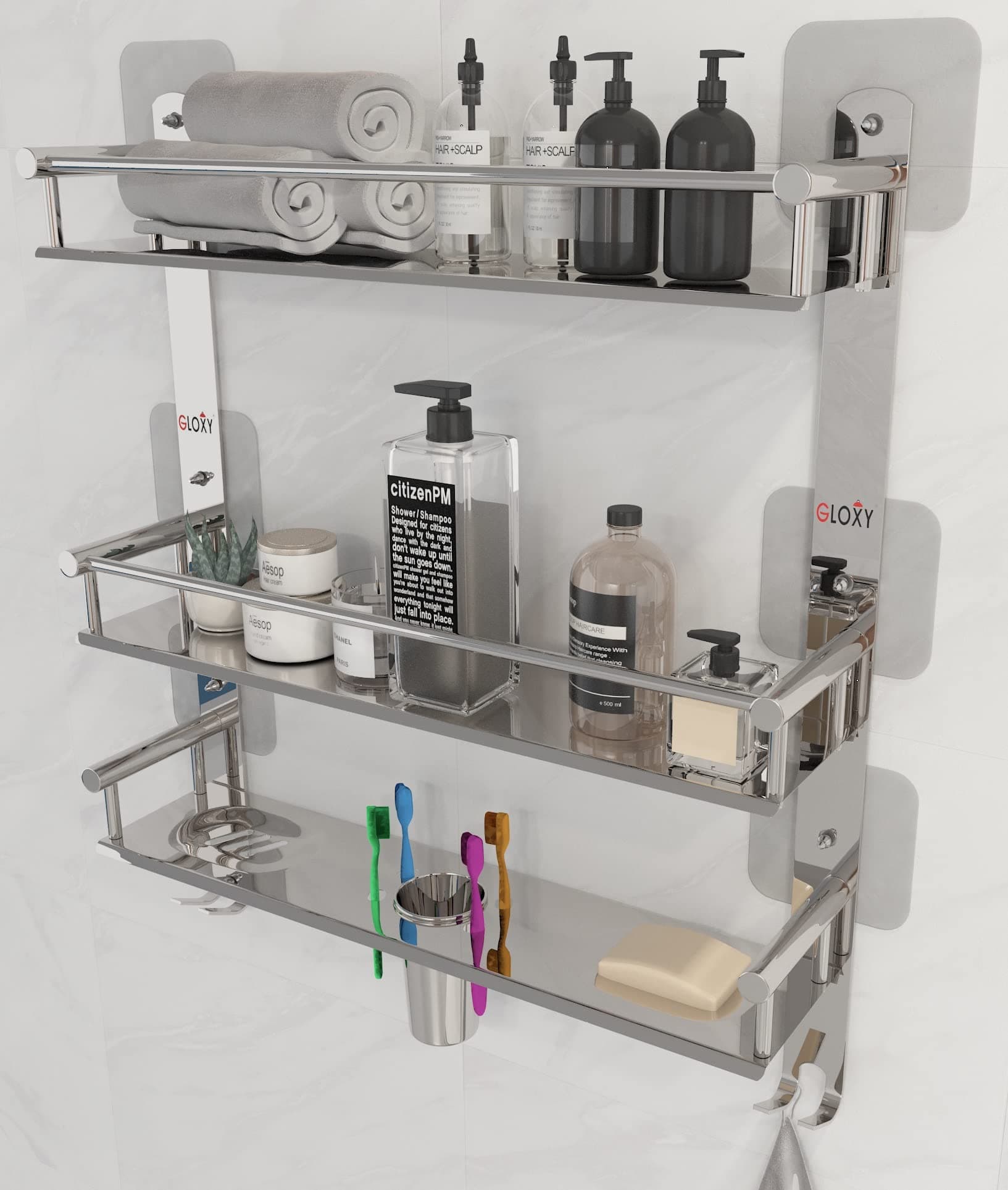 GLOXY ENTERPRISE Stainless Steel Magic Sticker Bathroom Shelf | 3-Layer Multipurpose Organizer with Double Soap Dish | Toothbrush Holder | Bathroom Accessories (5D x 15W x 19H inch, Chrome Finish)