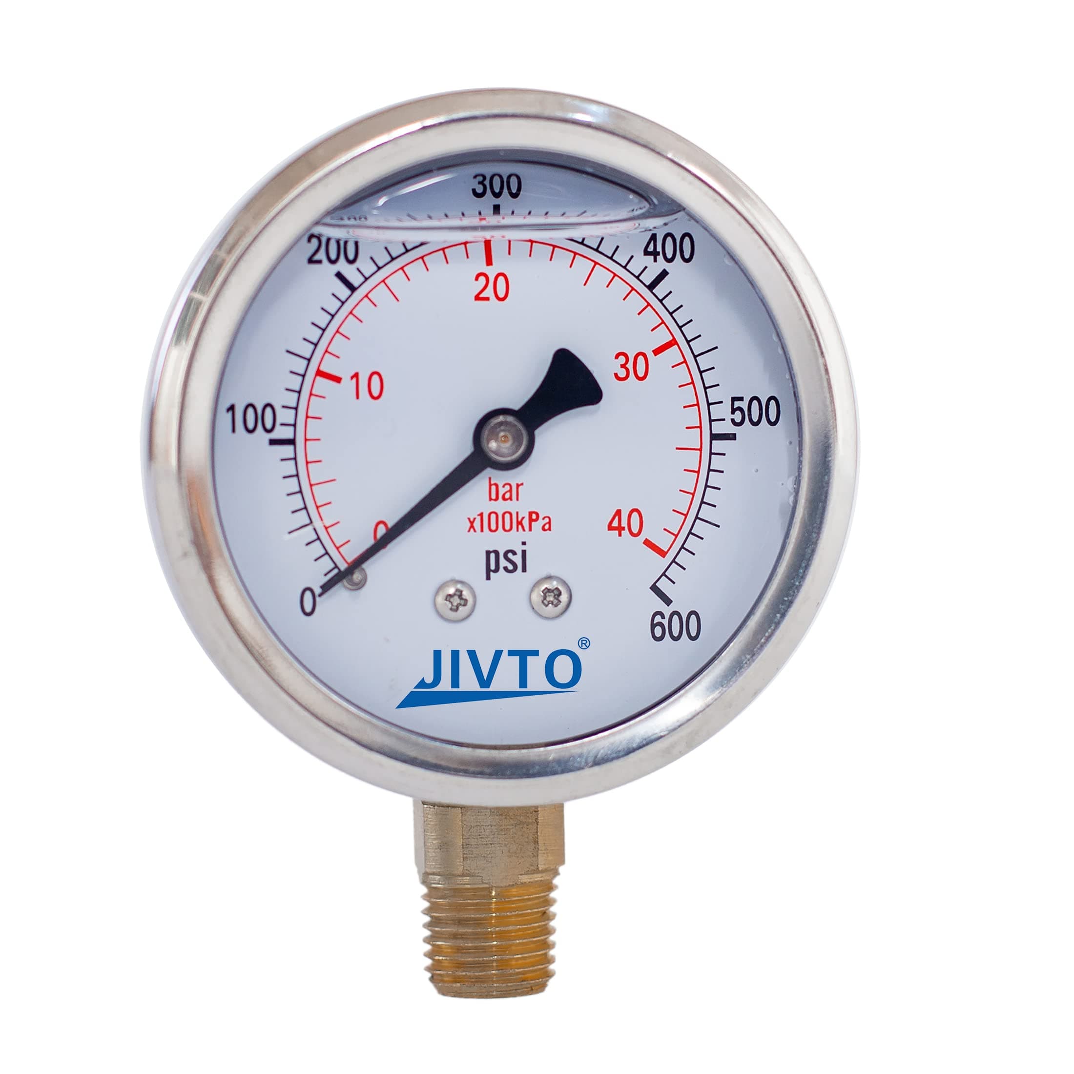 JIVTO Pressure Gauge,Glycerin Liquid Filled,2.5" Dual Scale Dia,0-600 psi/bar/kpa,1/4" NPT Male Brass Connection,Lower Mount, Stainless Steel Case,for Pneumatic,Pump,Hose,Well Tank,Gas Air Water Oil