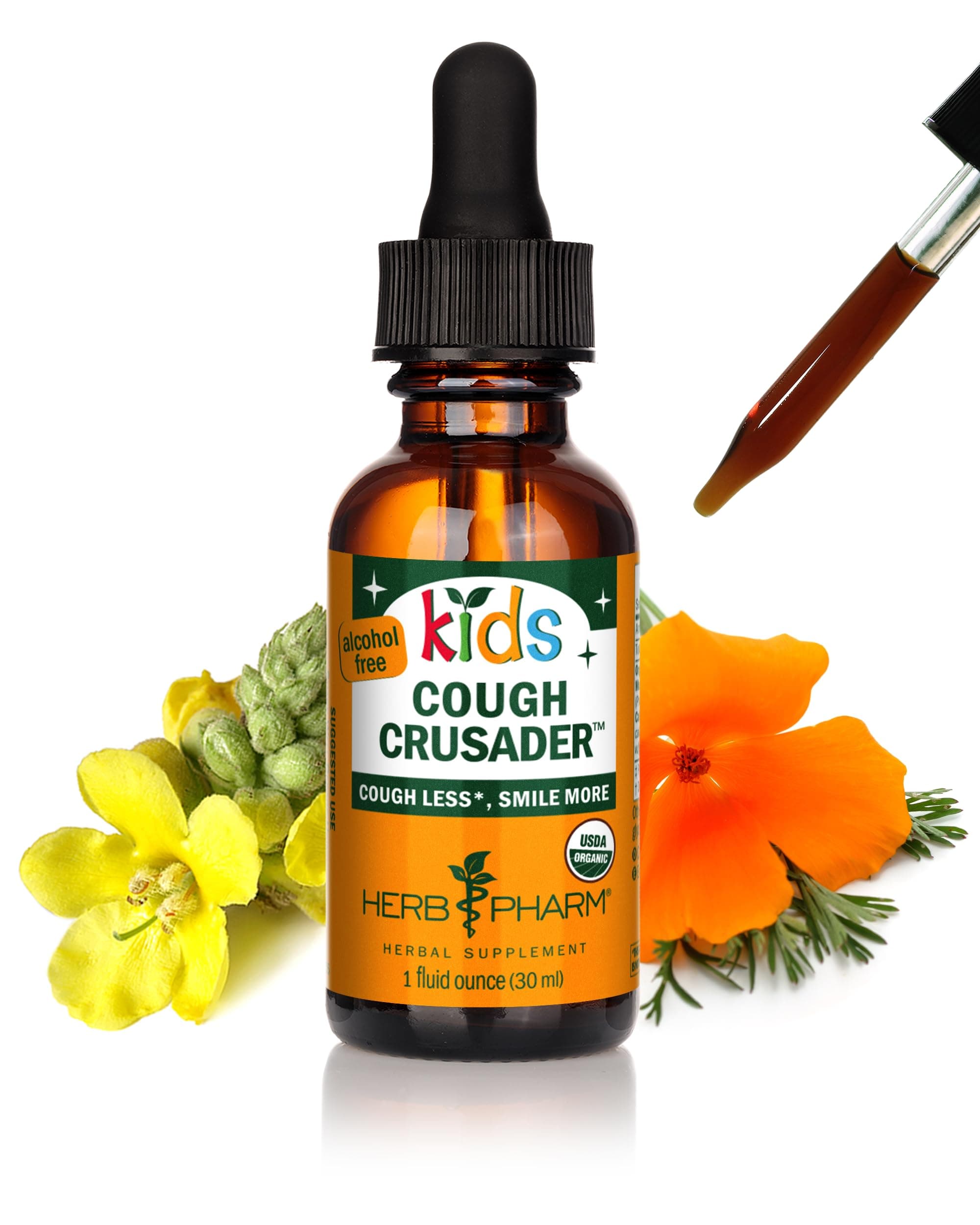 Kids Certified-Organic Alcohol-Free Cough Crusader Liquid Herbal Formula, Wild Cherry, 1 Fl Oz