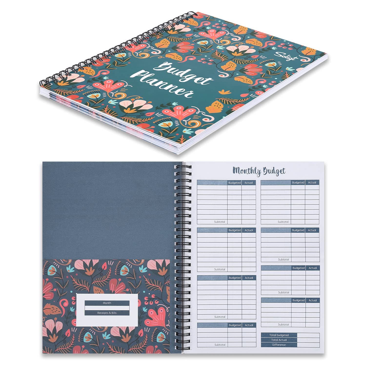 Soligt Budget Planner Monthly Budget Book Bill Organizer with 12 Pockets, Undated Home Financial Money Expense Saving Debt Tracker Notebook, 1 Year, Blue Floral, Spiral Design