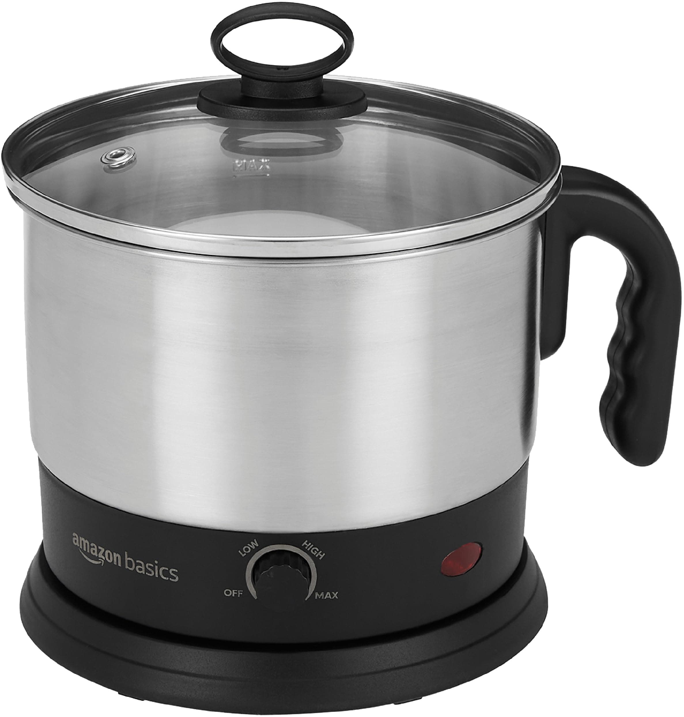 amazon basics Electric Multipurpose Kettle | for boiling Water, Eggs | Making Tea, Coffee| Stainless Steel Body with Automatic Shut-off | 18.3L x 15.7W x 19.1H cm | 1.2 L | 220 Volts | Silver, Black