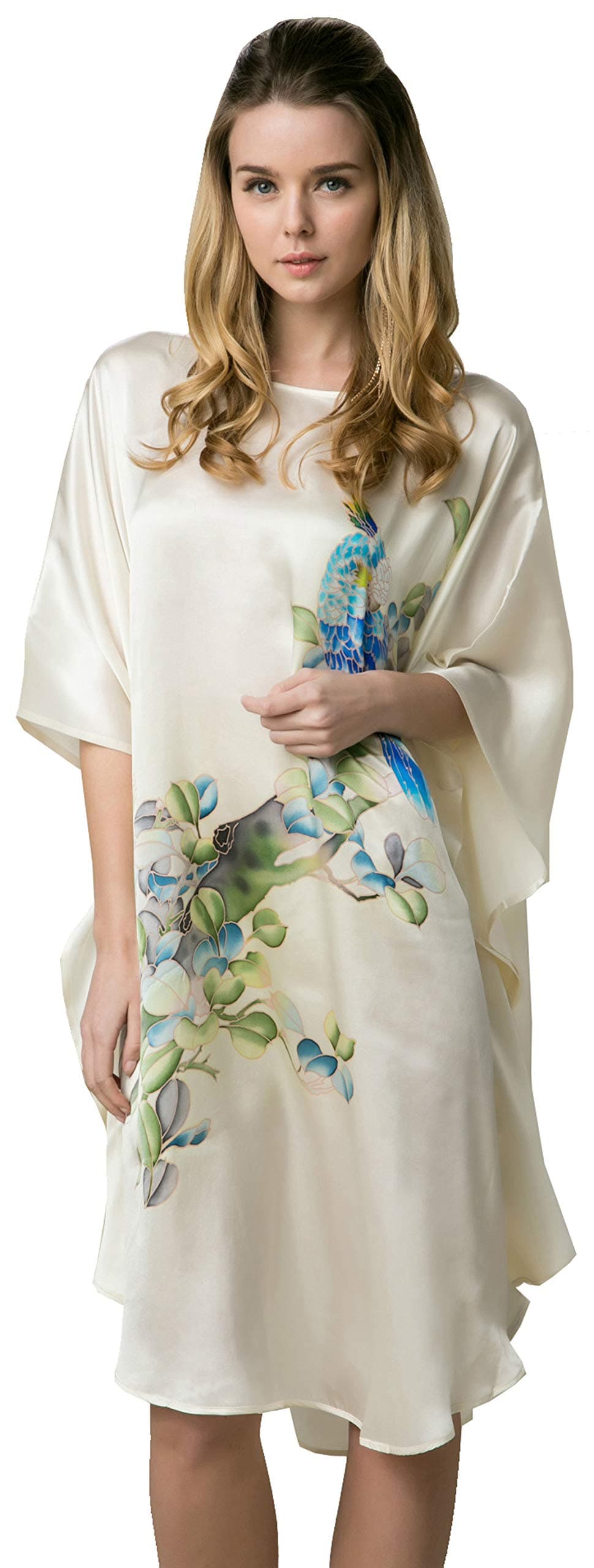 Women's 100% Silk Short Robe Bathrobe Nightgown Pajama Sleepwear -Classic Batwing Sleeved