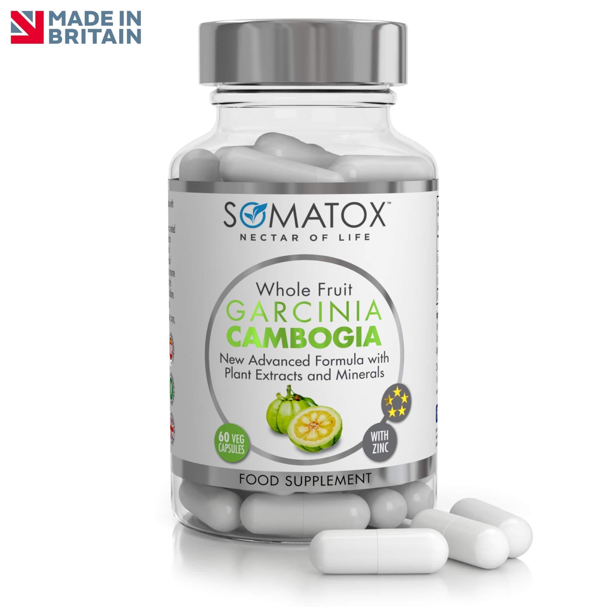 SOMATOX Garcinia CAMBOGIA Whole Fruit Max Strength Natural Weight Loss Formula / 60 Vegetarian Caps 30 Day Supply UK & GMP Certified
