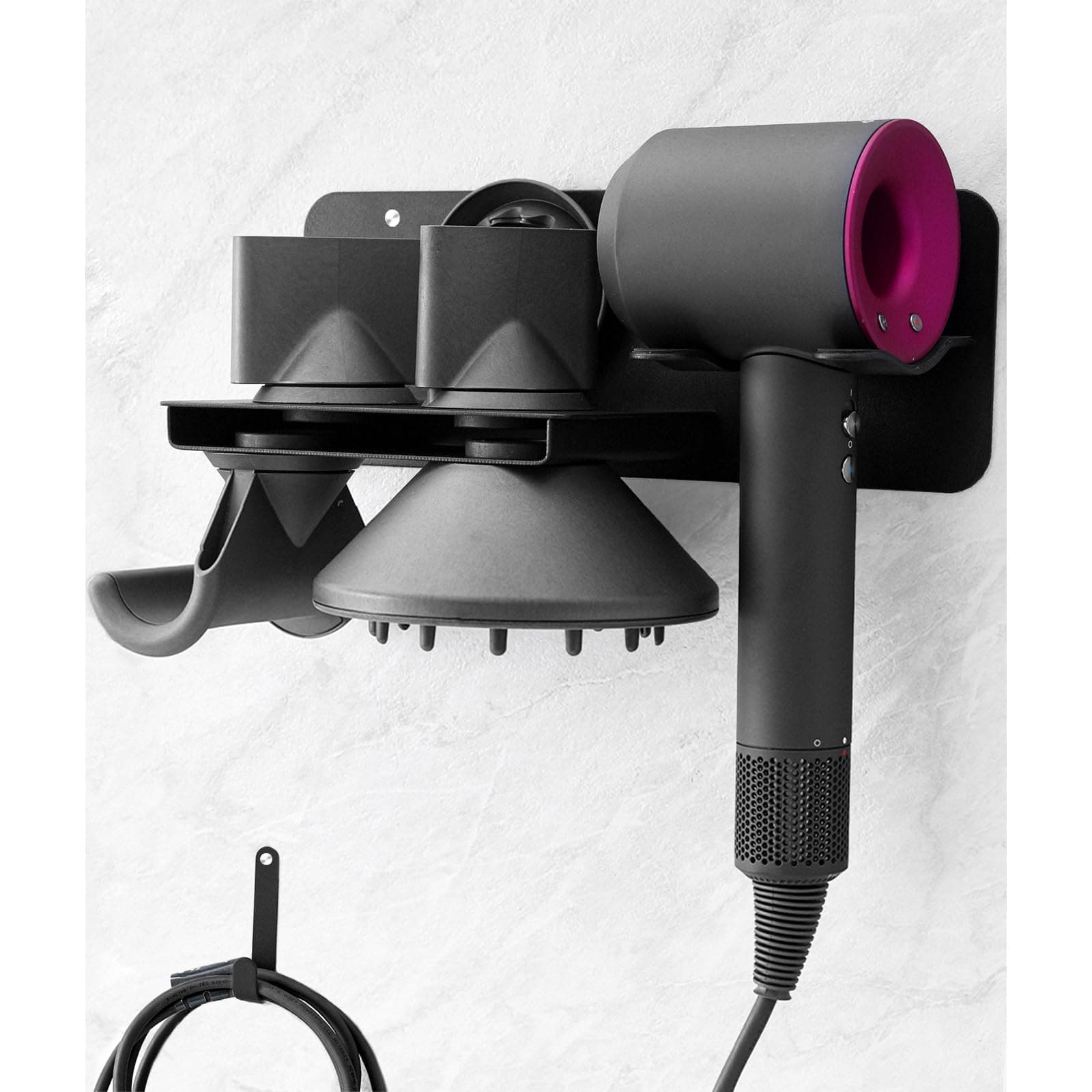 Metal Hair Dryer Holder for Dyson Supersonic, Black, 5 Nozzle Storage, Wall Mount, Bathroom & Salon