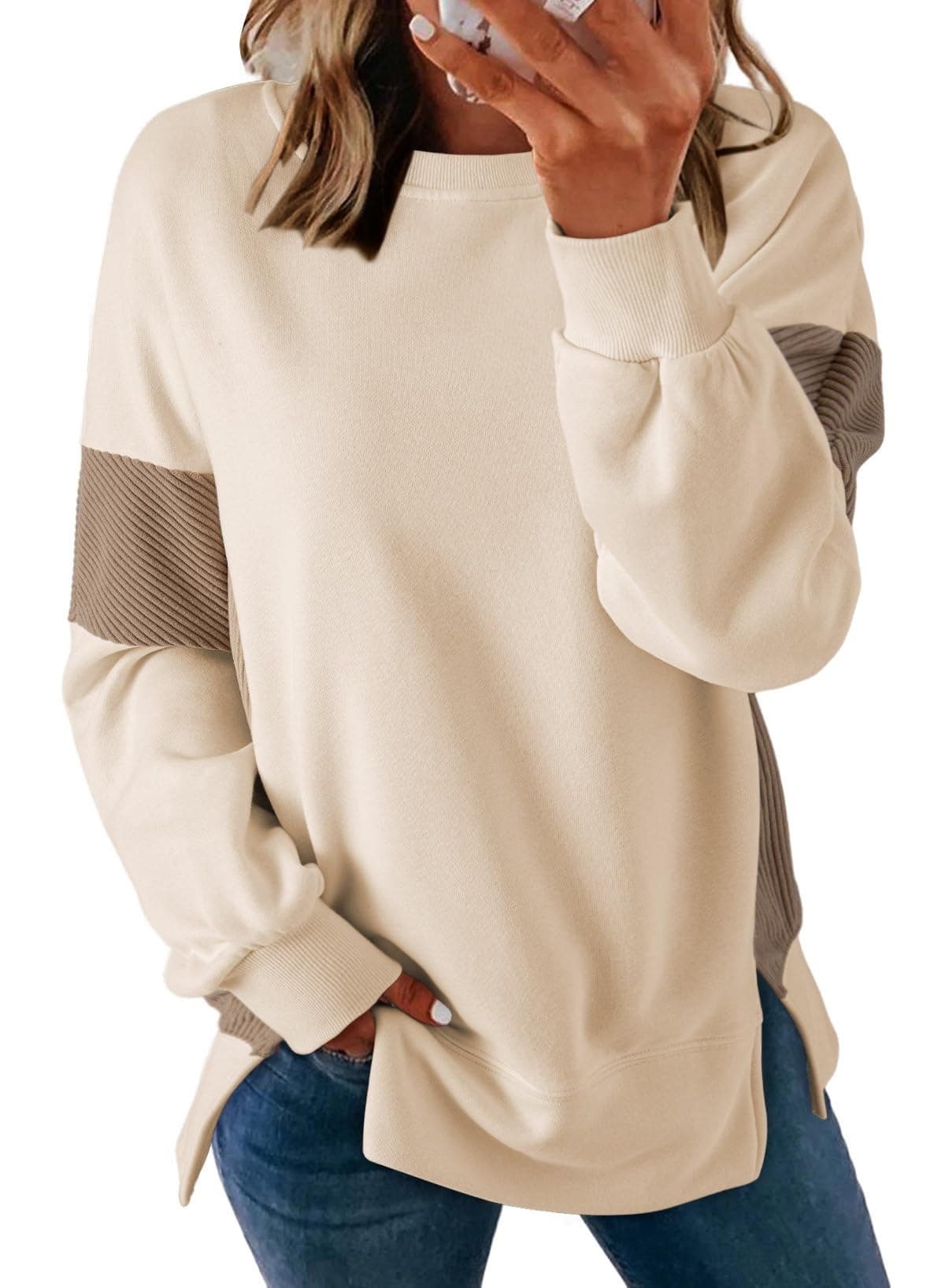 DokotooWomen's Casual Oversized Sweatshirt Crew Neck Color Block Loose Pullover Tops Side Slit