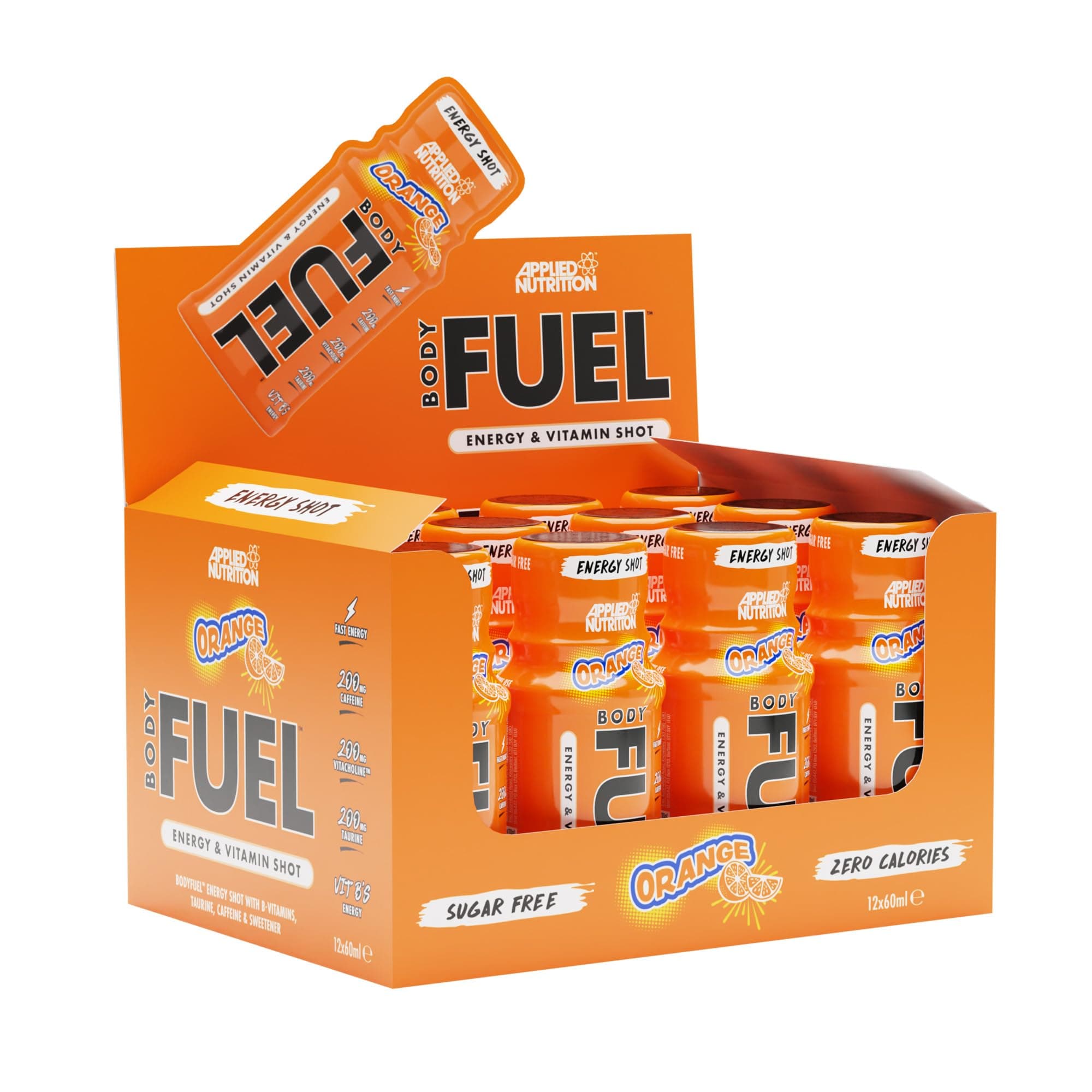 Applied Nutrition BodyFuel Energy Shot - Body Fuel Prime Energy Shot, Physical Performance with B-Vitamins, Taurine, Caffeine, Sugar Free, Zero Calories (Box 12 Units x 60ml) (Orange)