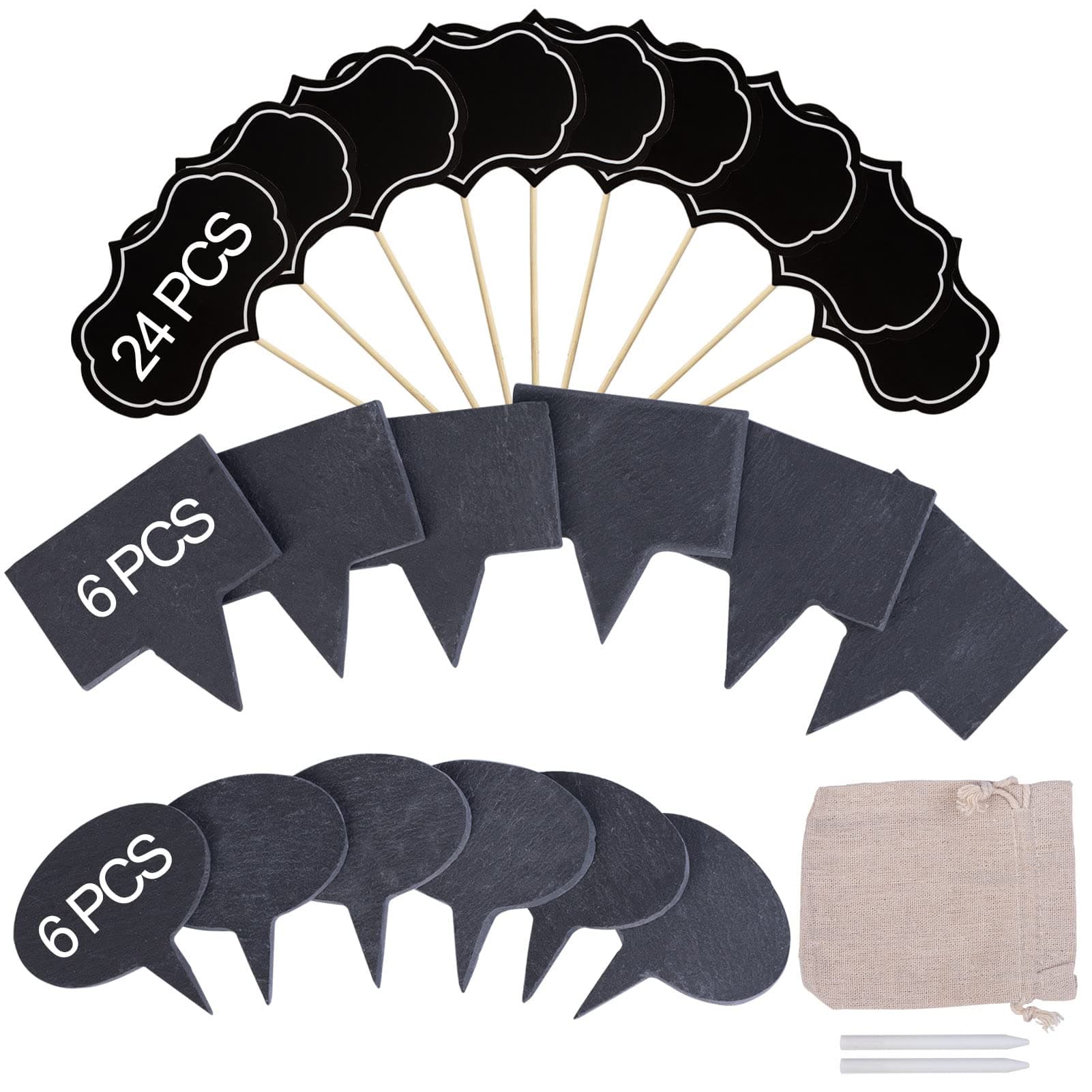 Natural Slate Cheese Markers Set - 36PCS Cheese Labels Sign with 2 Soapstone Chalks & Linen Bag - Reusable Cheese Board Markers for Charcuterie Board