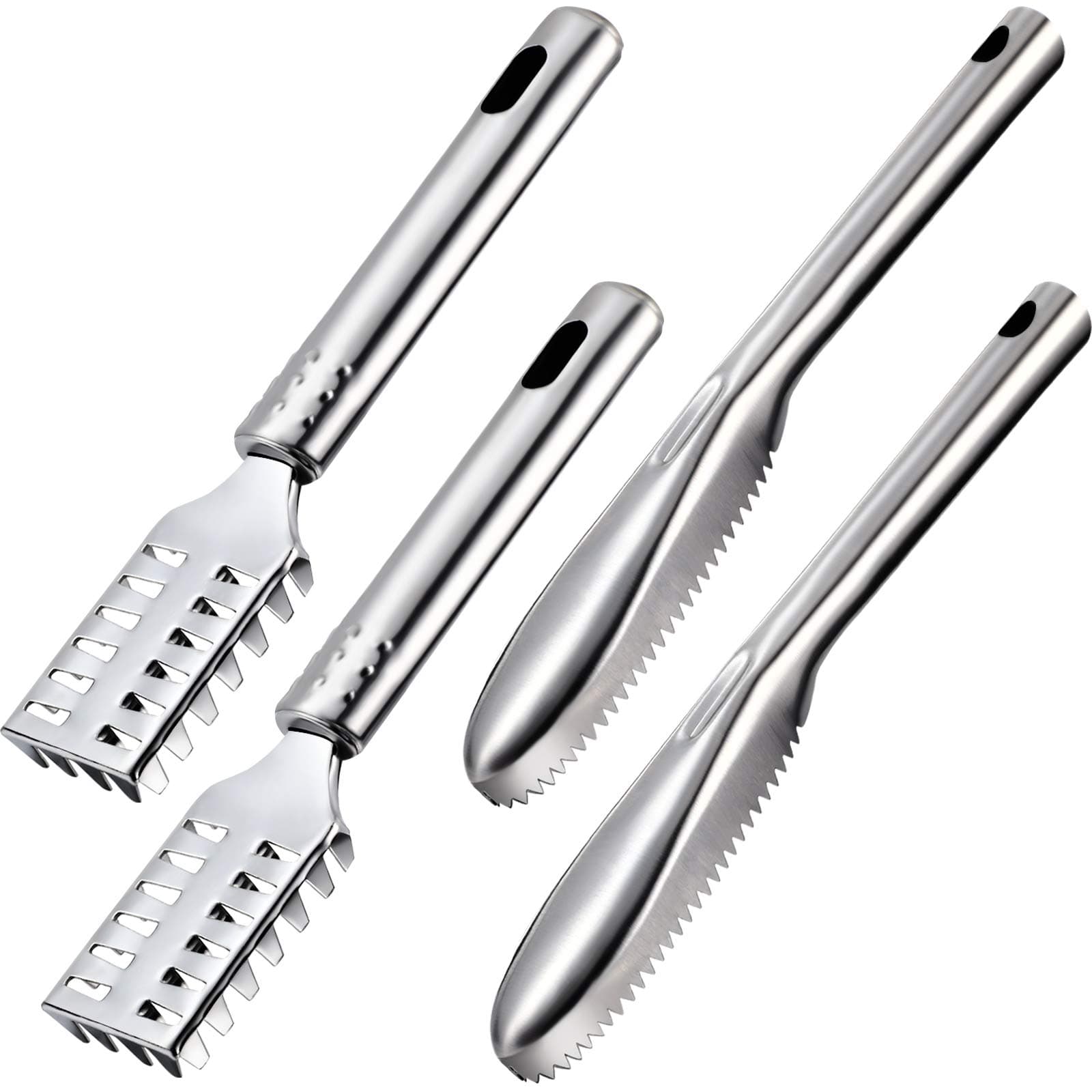 4 Piece Fish Scaler Remover Brush Set - Stainless Steel Sawtooth Scarper With Ergonomic Handle for Kitchen - Faster and Easier Scales Skin Removing Peeling Tool