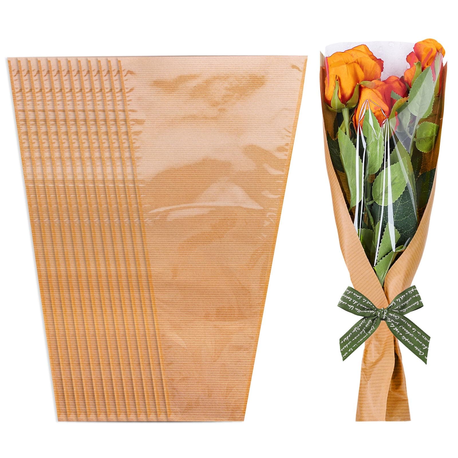 Whaline 50Pcs Flower Bags for Bouquets Mother's Day Kraft Paper Floral Packing Sleeves Clear Plastic Florist Wrap for Valentine Graduation Wedding Birthday Supplies, 9.8 x 3.9 x 17.9 Inch