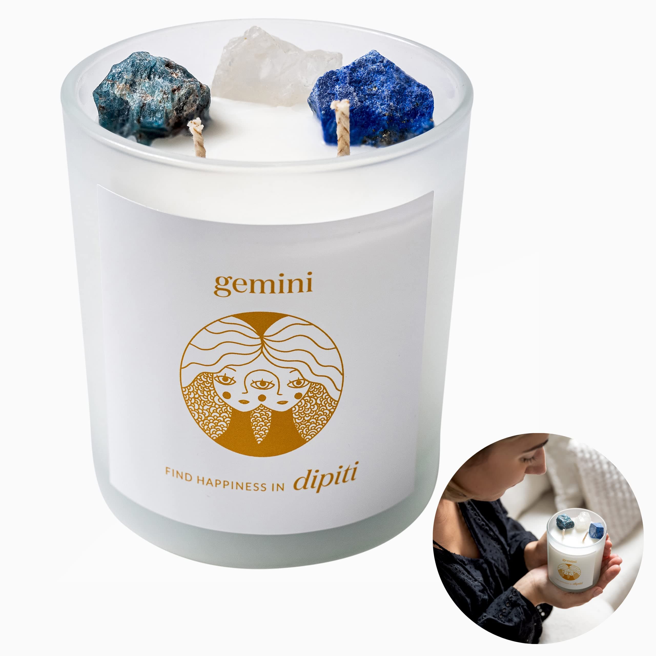 dipiti 10oz Gemini Candle - Gemini Gifts for Women - Crystal Candle - Crystals and Healing Stones , Astrology Gift Set , Zodiac Spiritual & Crystal Decor , Cleansing Sage Candle , Spell Candles