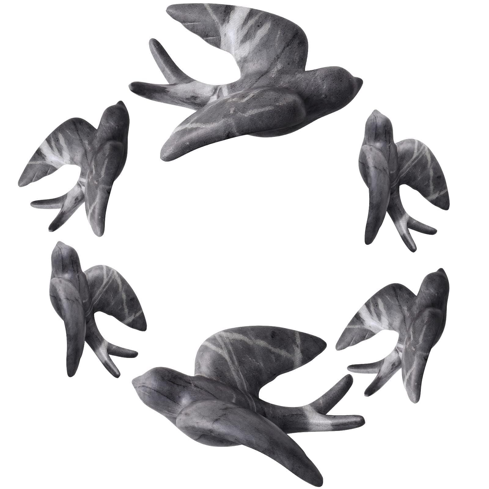 Set of 6 Dark Grey Ceramic Birds Doves Sparrows Swallows Wall Mounted Decor Hanging for Bedroom Livingroom Garden Wall Sculptures